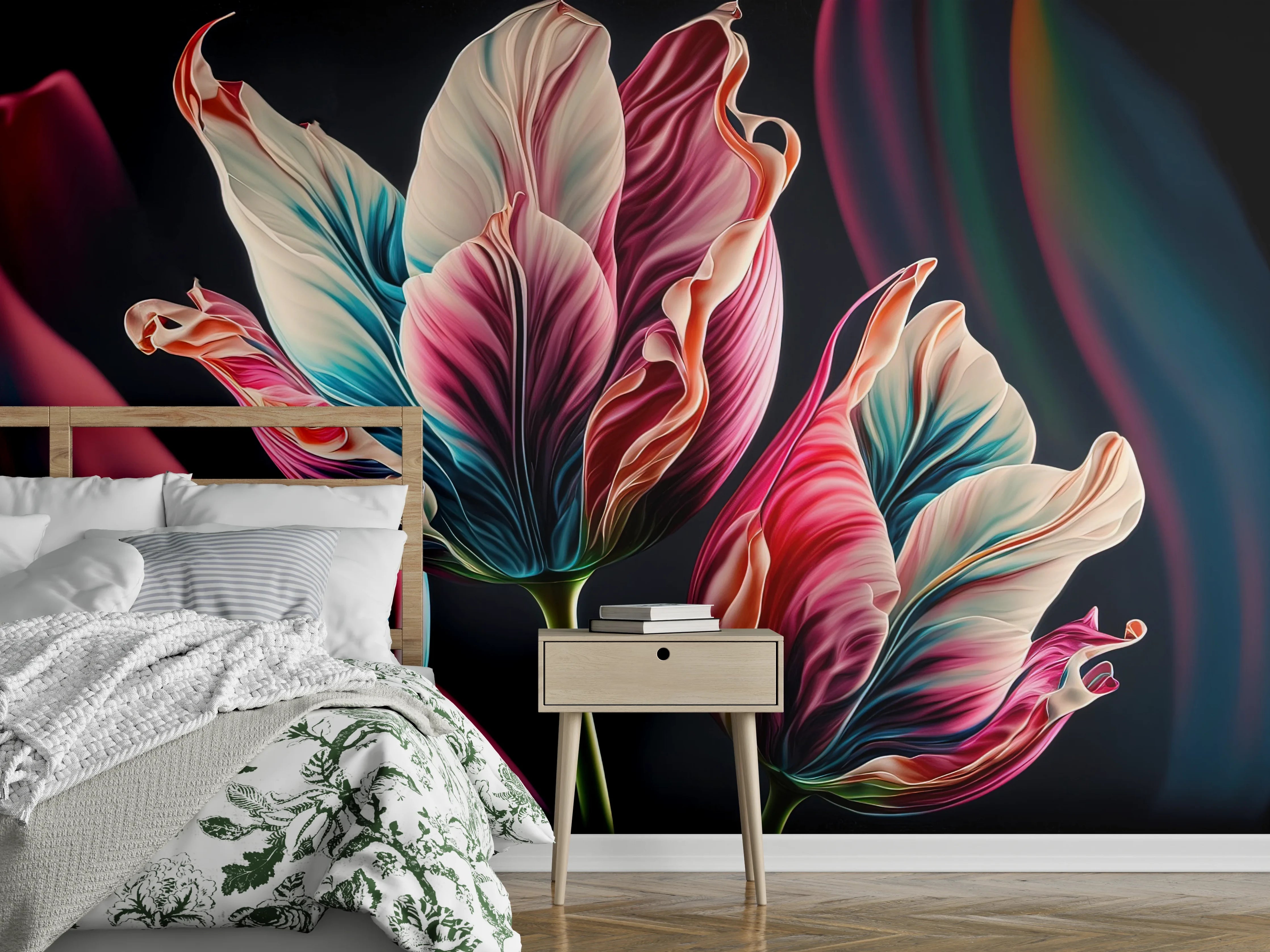Wandverkleidung Schlafzimmer - Bunte Tulpenmalerei auf dunklem Hintergrund