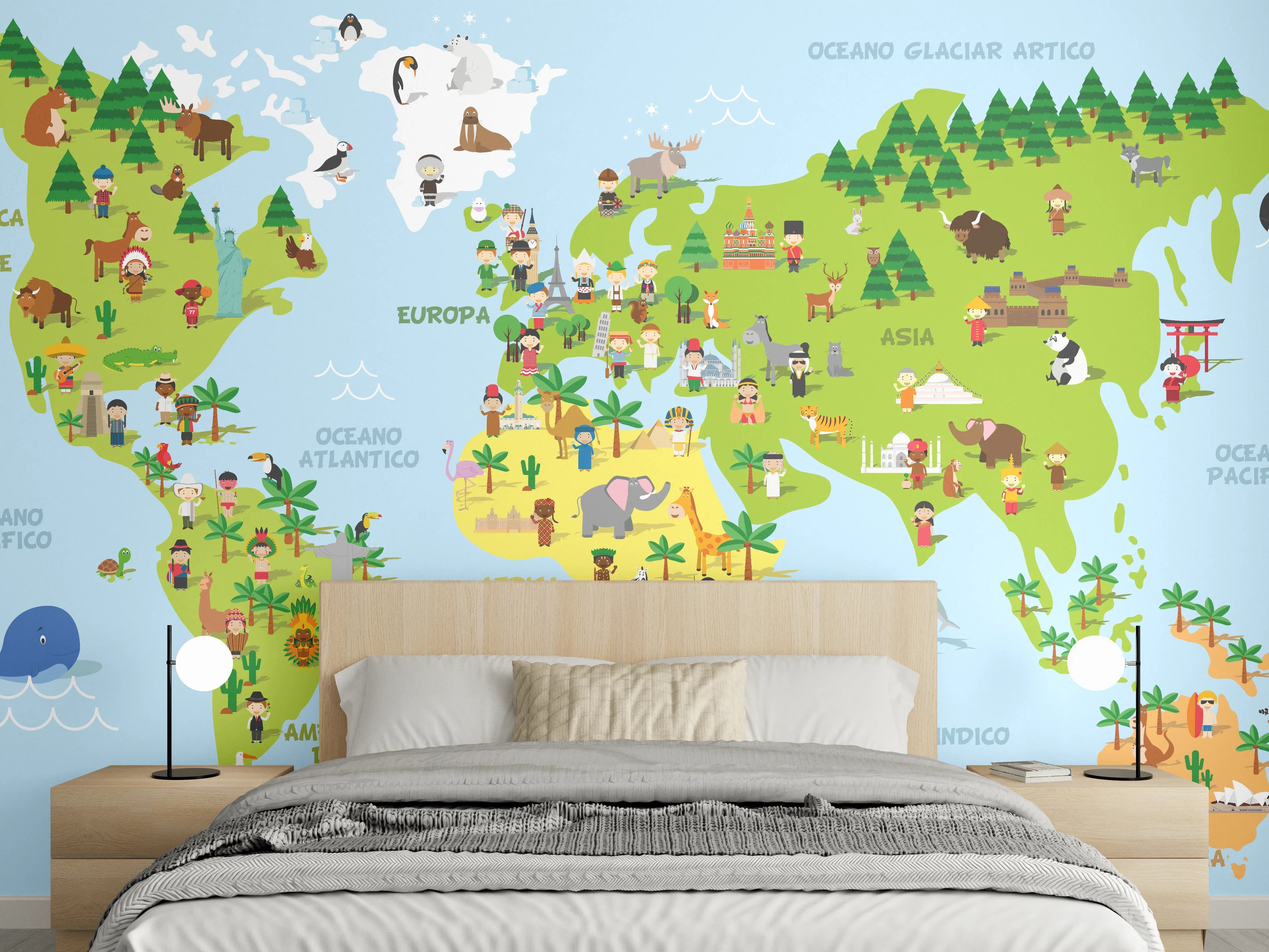 Wandverkleidung Schlafzimmer - Bunte Weltkarte Illustration