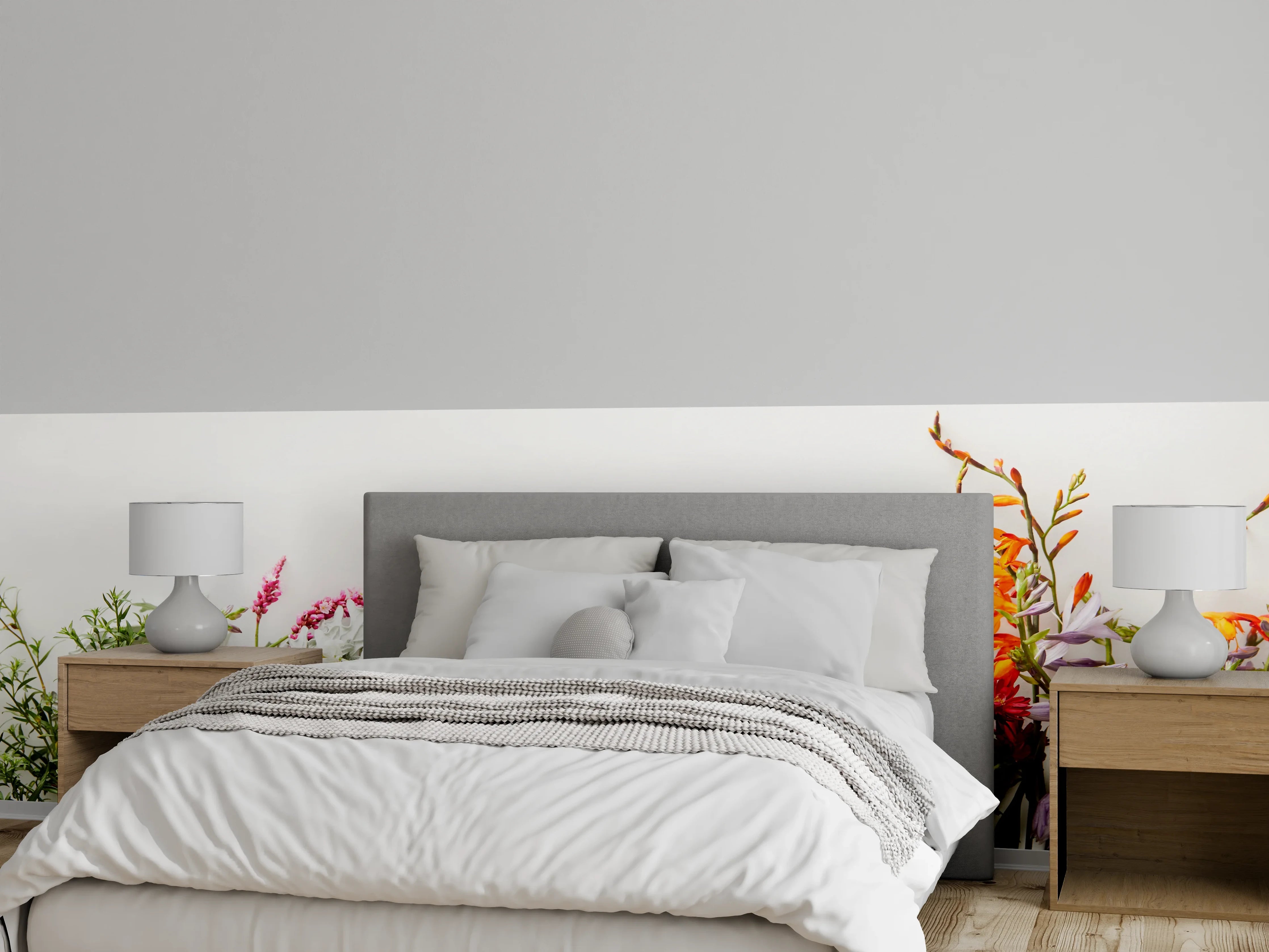 Wandverkleidung Schlafzimmer - Bunte Wildblumen auf Weiß