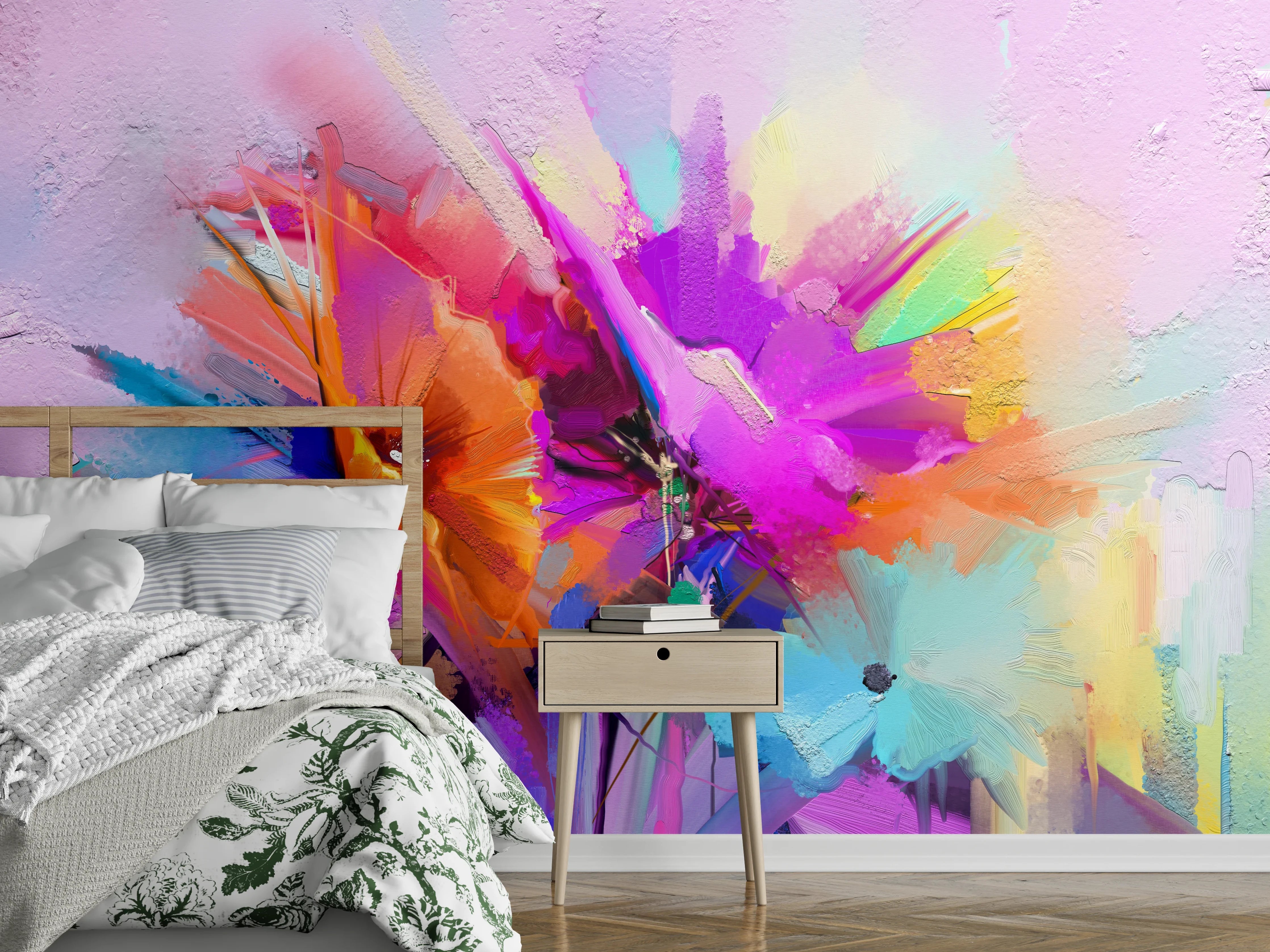 Wandverkleidung Schlafzimmer - Bunte abstrakte Blütenpracht Aquarell