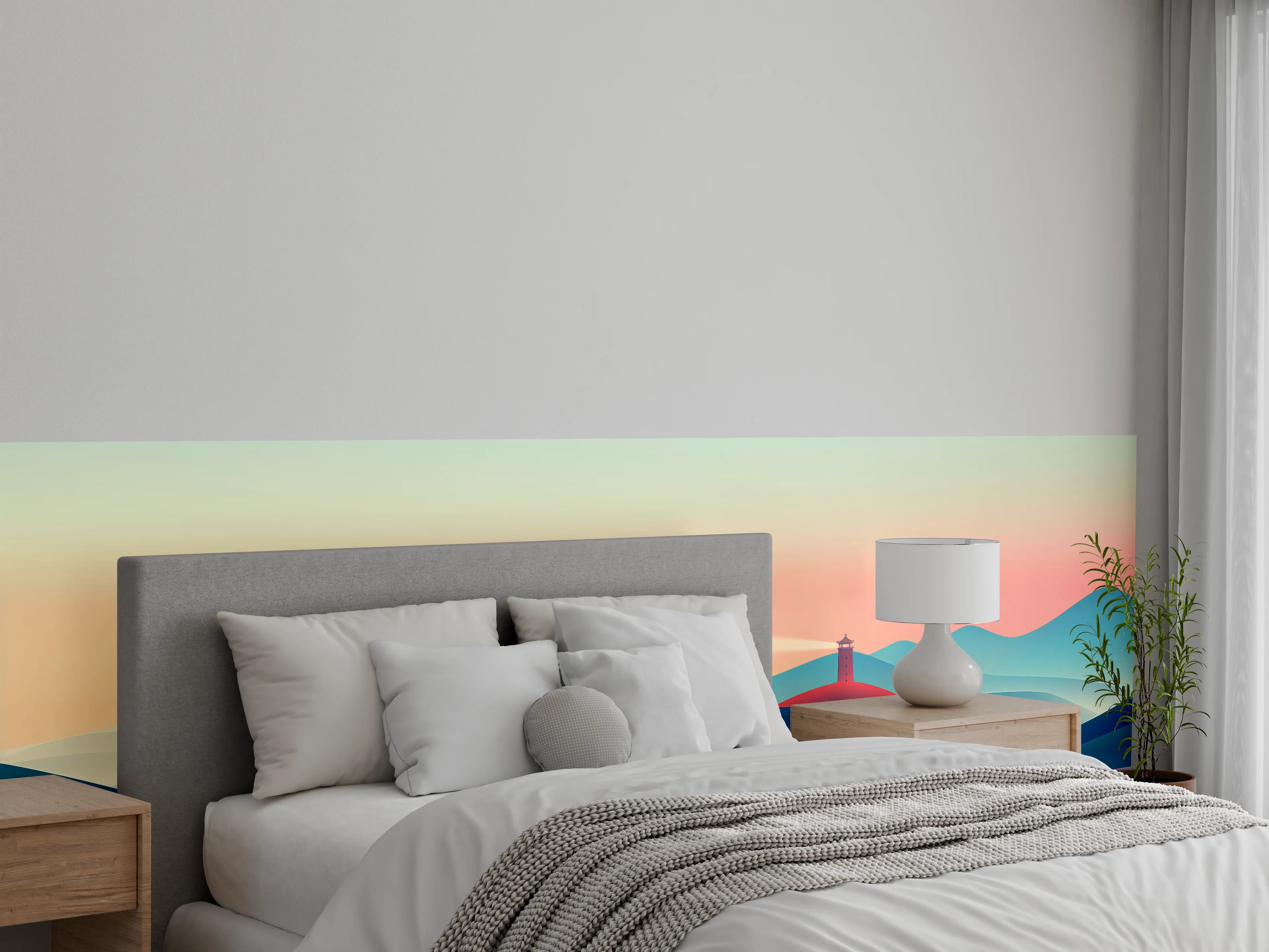 Wandverkleidung Schlafzimmer - Bunte abstrakte Landschaft mit Leuchtturm