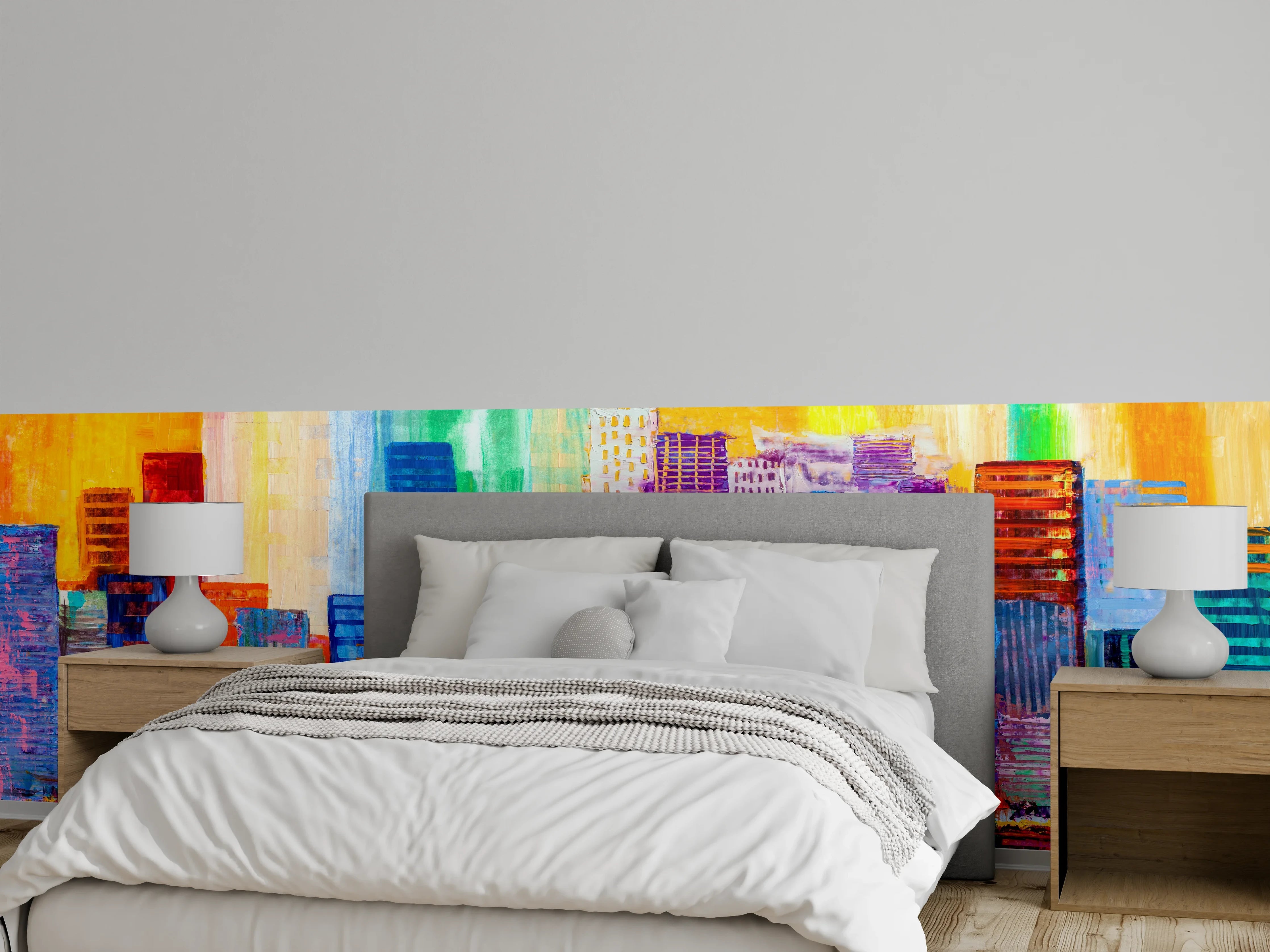 Wandverkleidung Schlafzimmer - Bunte abstrakte Skyline Malerei