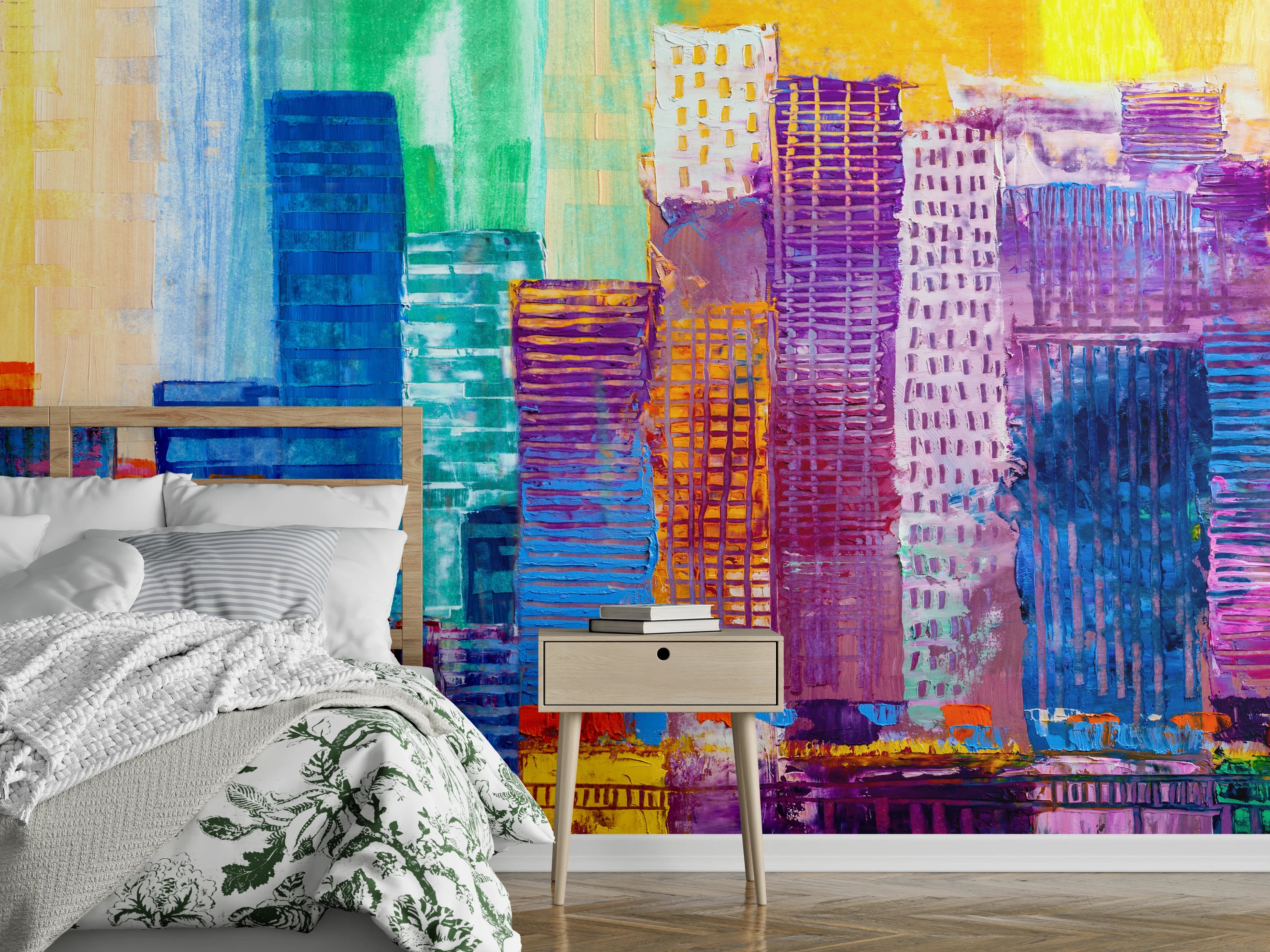 Wandverkleidung Schlafzimmer - Bunte abstrakte Skyline Malerei