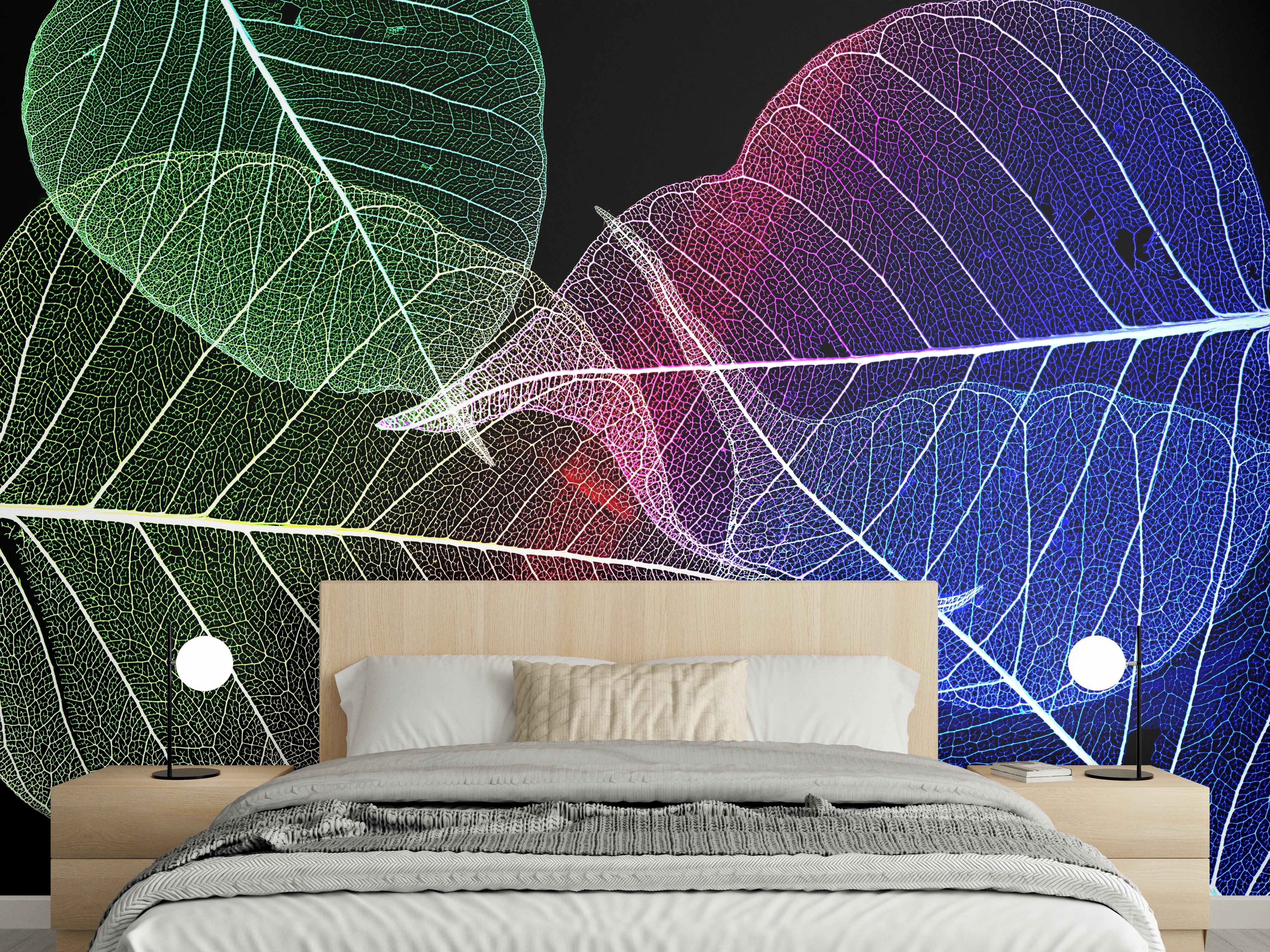 Wandverkleidung Schlafzimmer - Bunte transparente Blätter abstrakt