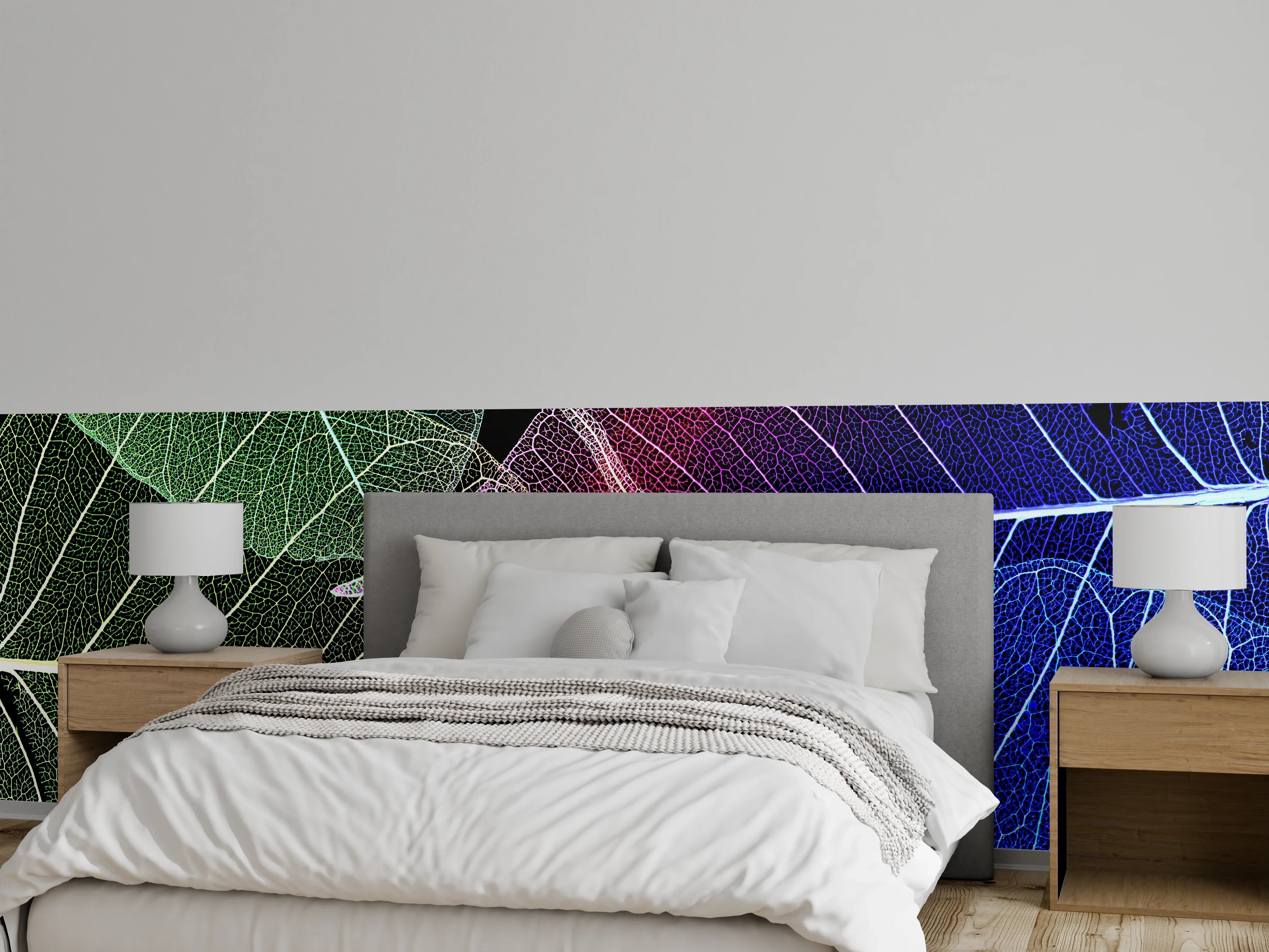 Wandverkleidung Schlafzimmer - Bunte transparente Blätter abstrakt