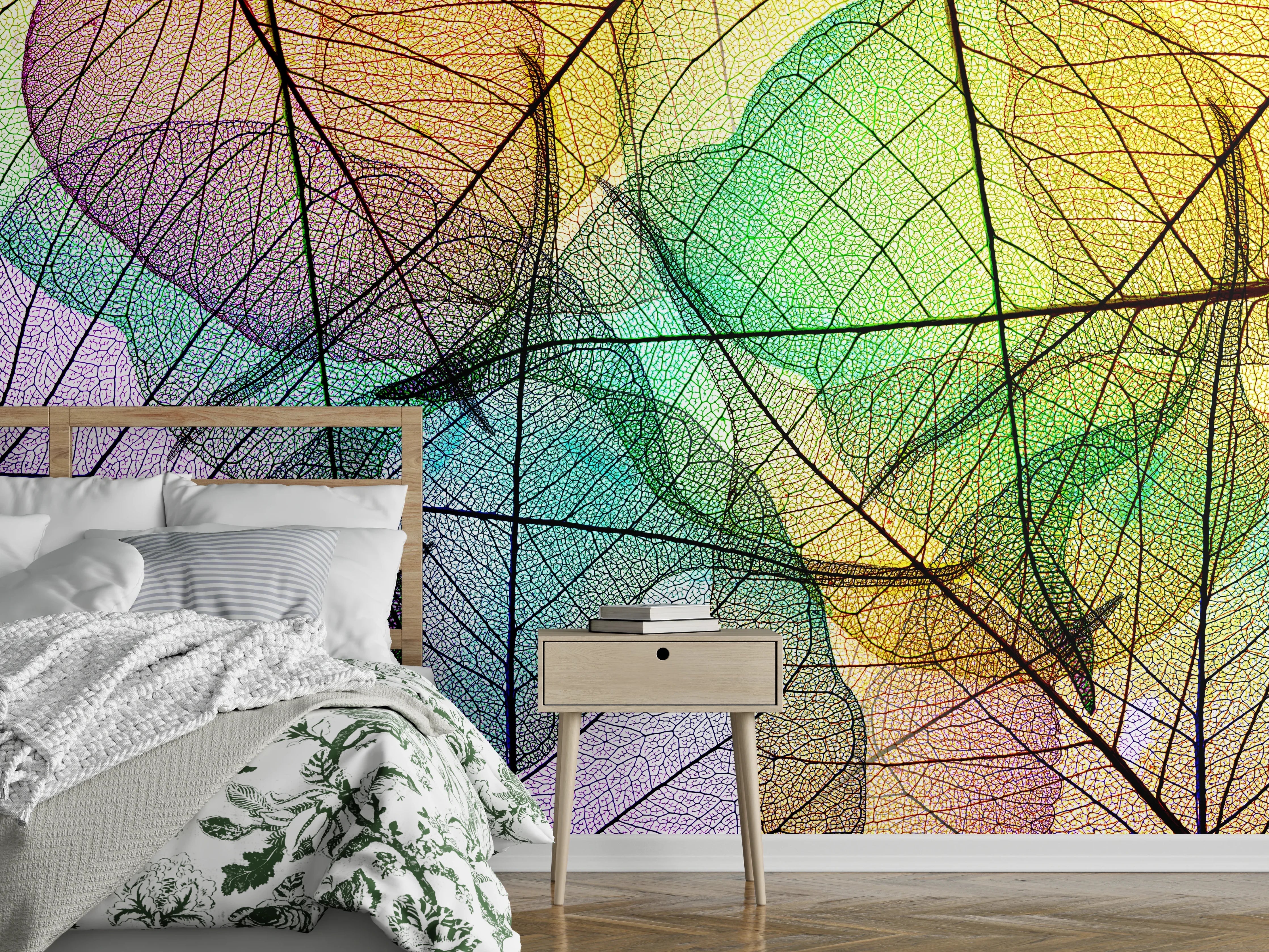 Wandverkleidung Schlafzimmer - Bunte, filigrane Blätterstruktur