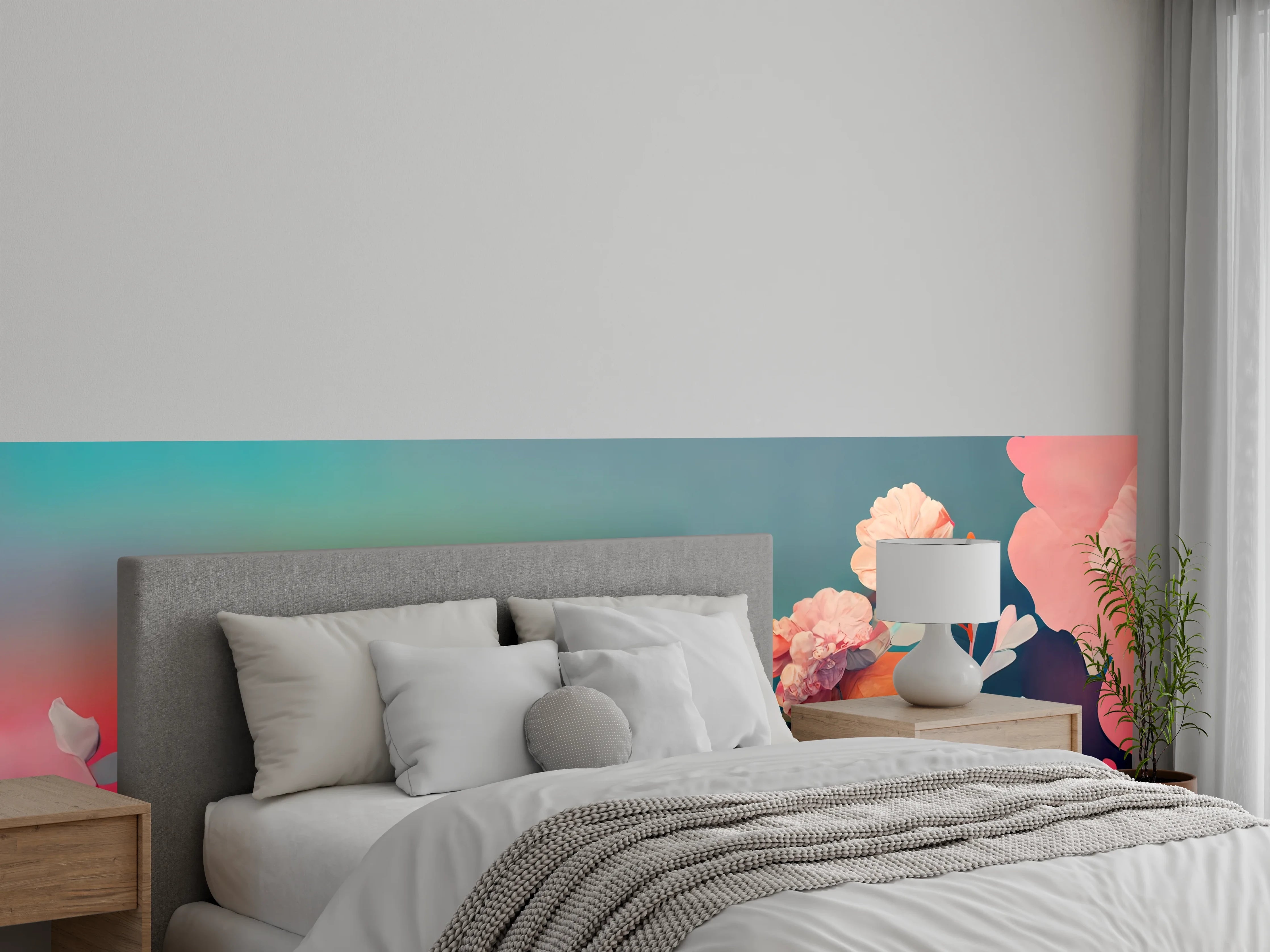 Wandverkleidung Schlafzimmer - Bunte, künstlerische Blumen auf Farbverlauf