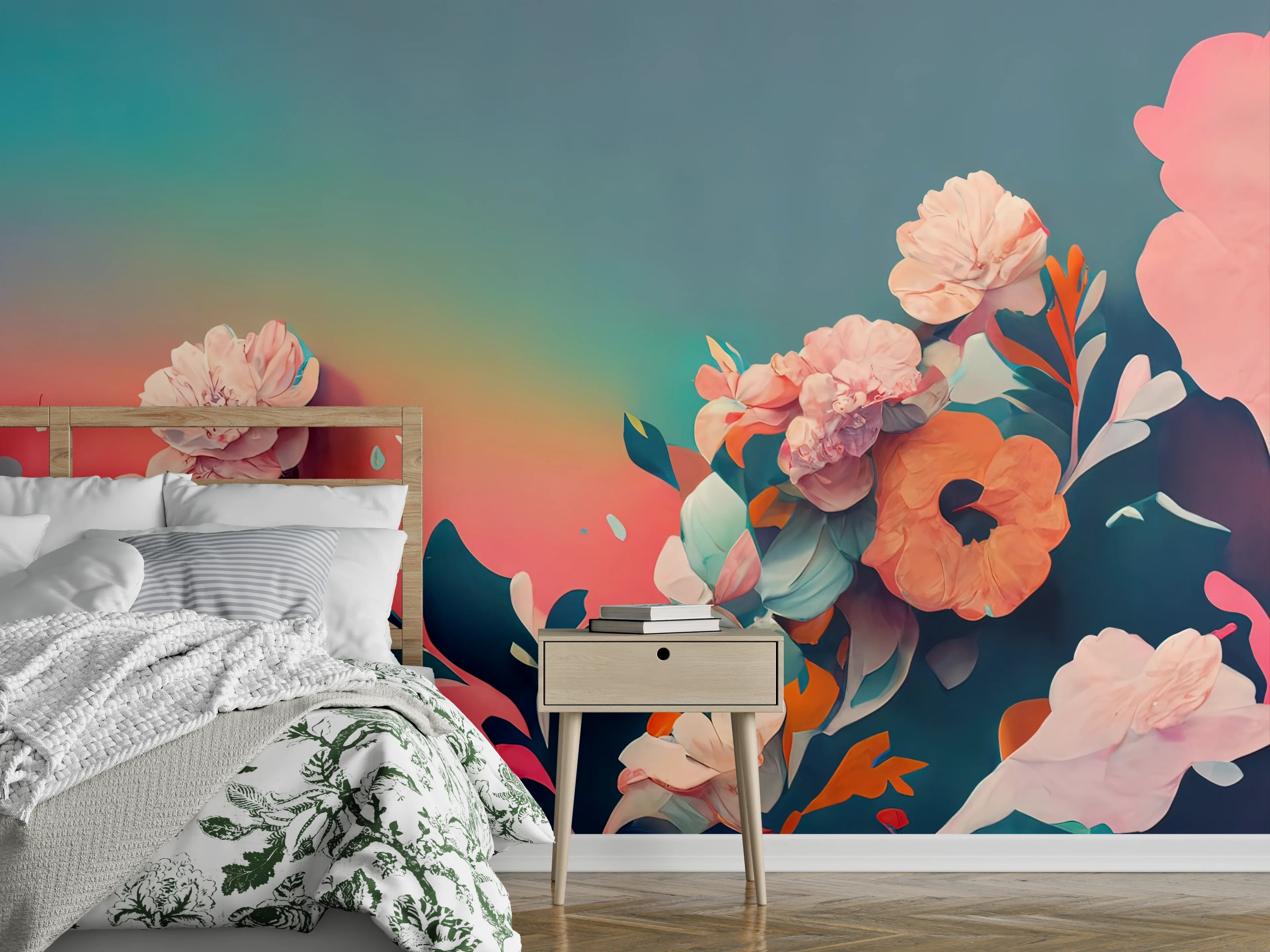 Wandverkleidung Schlafzimmer - Bunte, künstlerische Blumen auf Farbverlauf