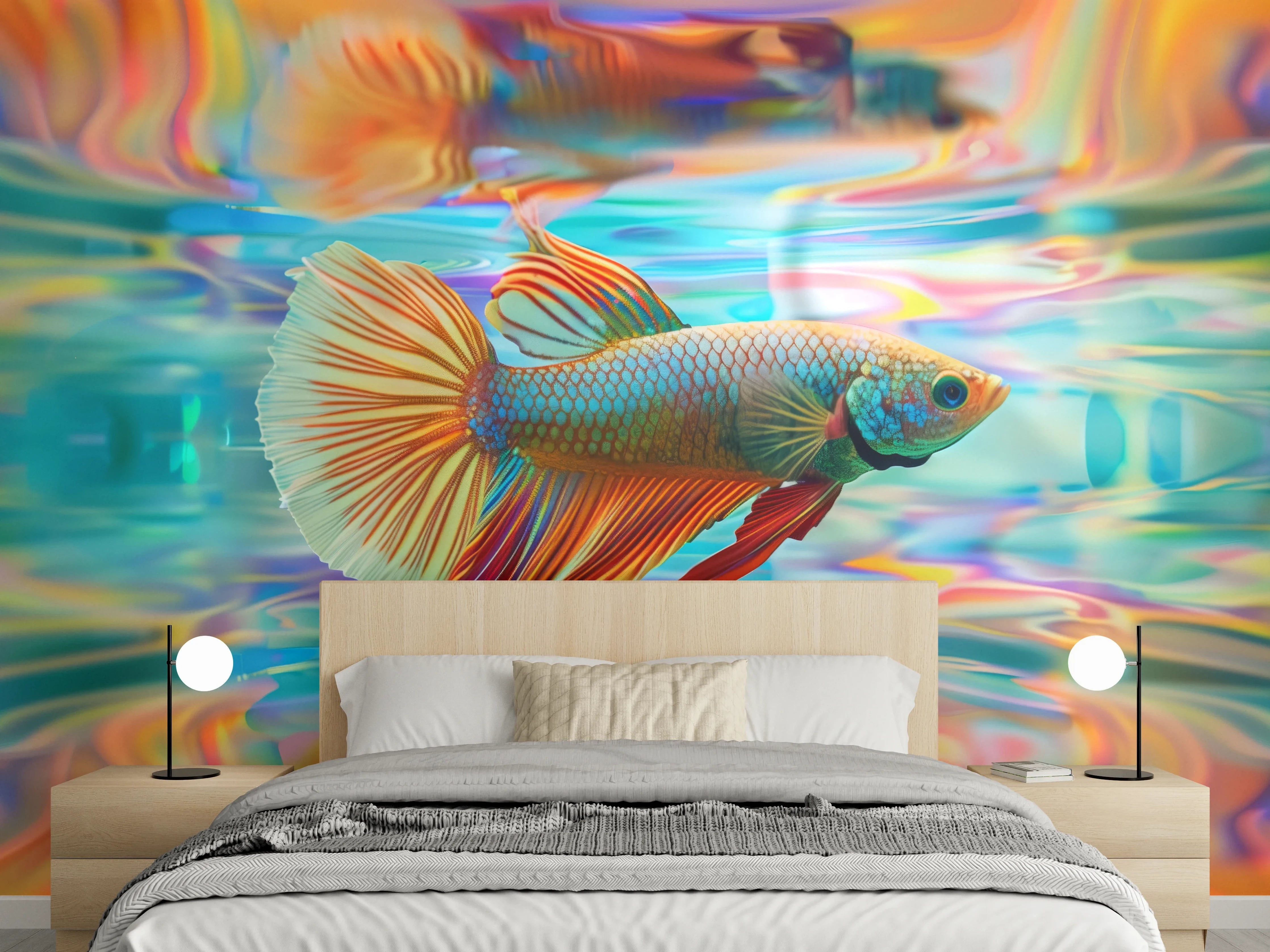 Wandverkleidung Schlafzimmer - Bunter Betta-Fisch Türkis-Orange