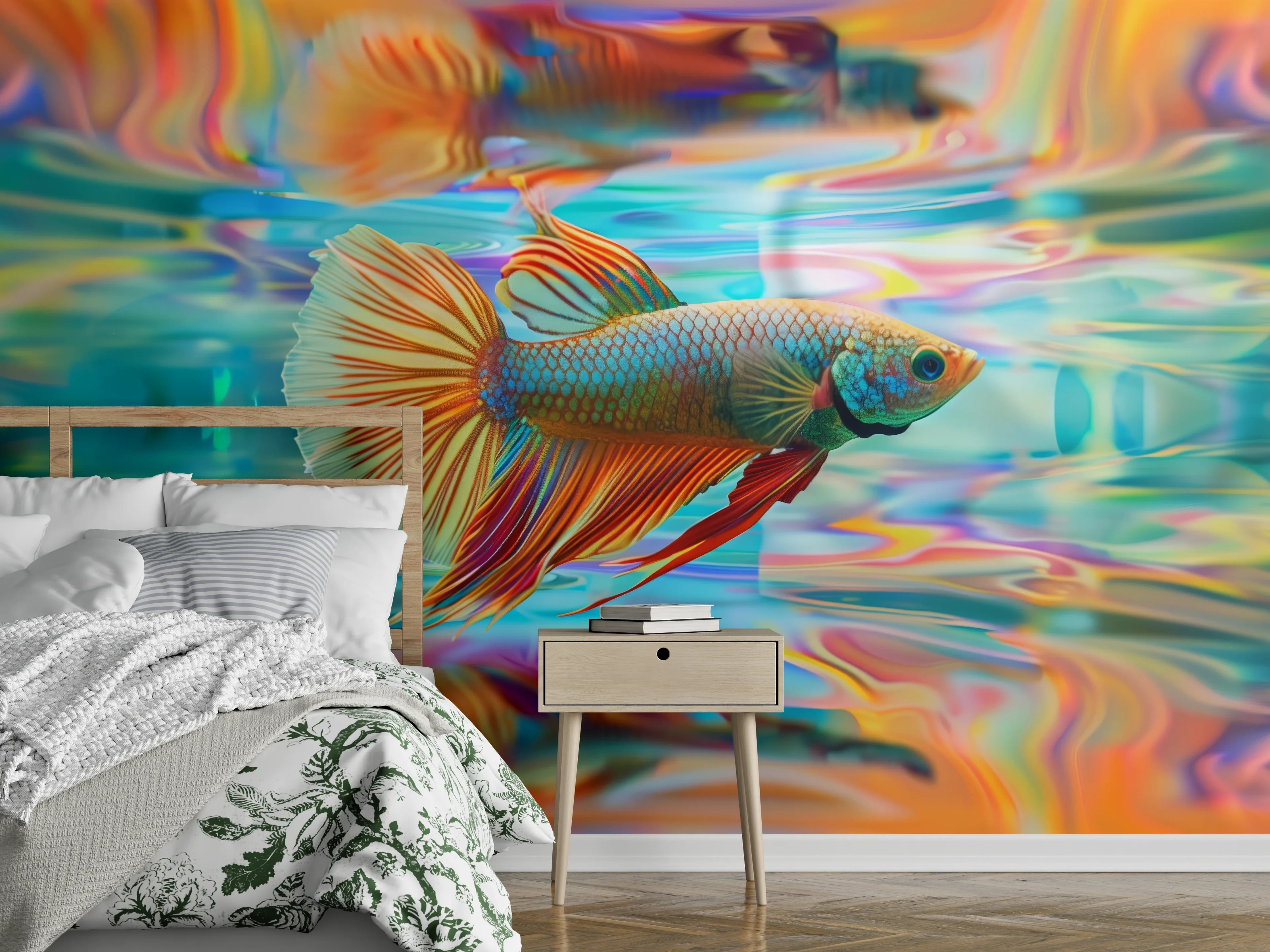 Wandverkleidung Schlafzimmer - Bunter Betta-Fisch Türkis-Orange