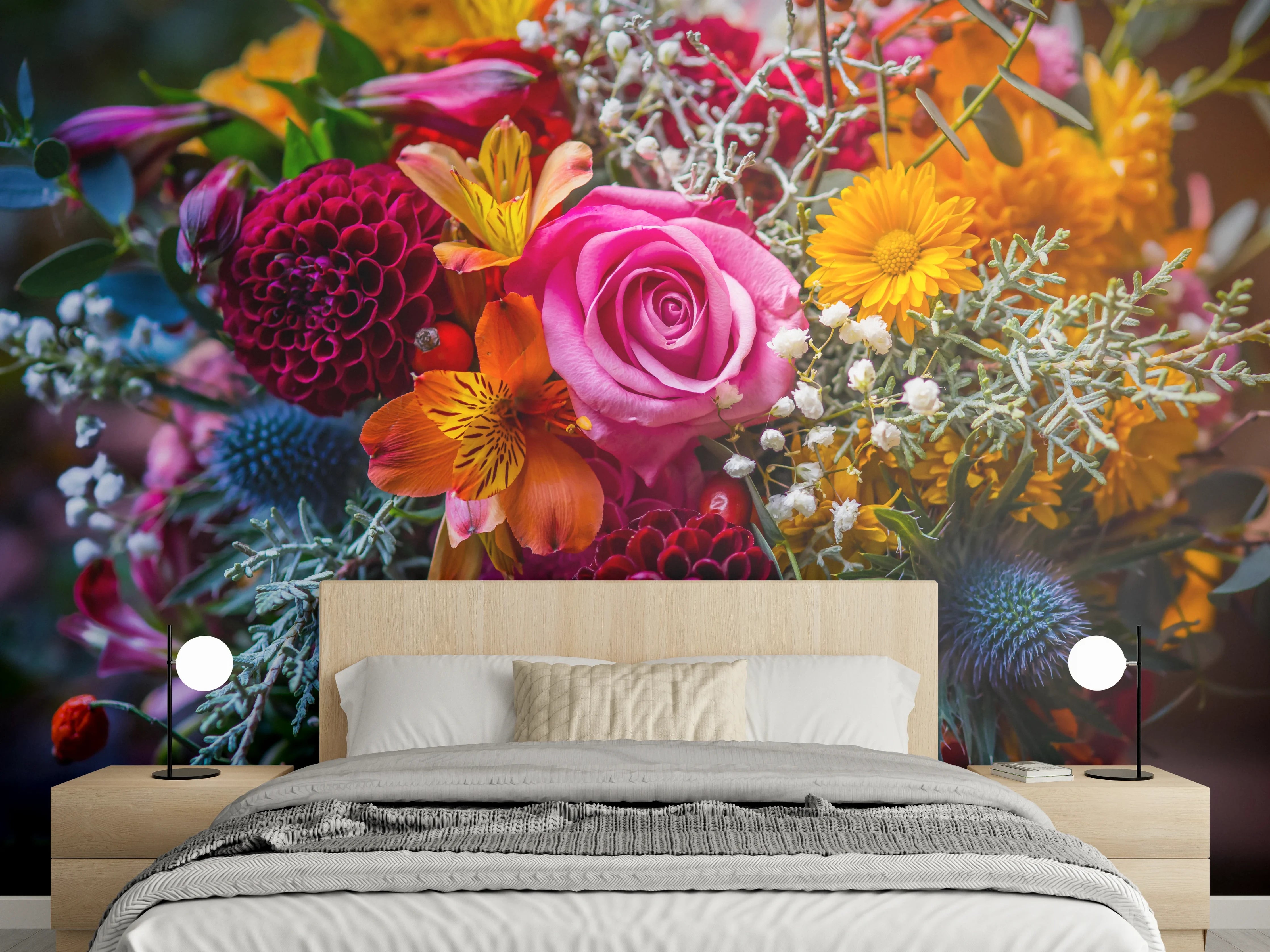 Wandverkleidung Schlafzimmer - Bunter Blumenstrauß für Wanddeko