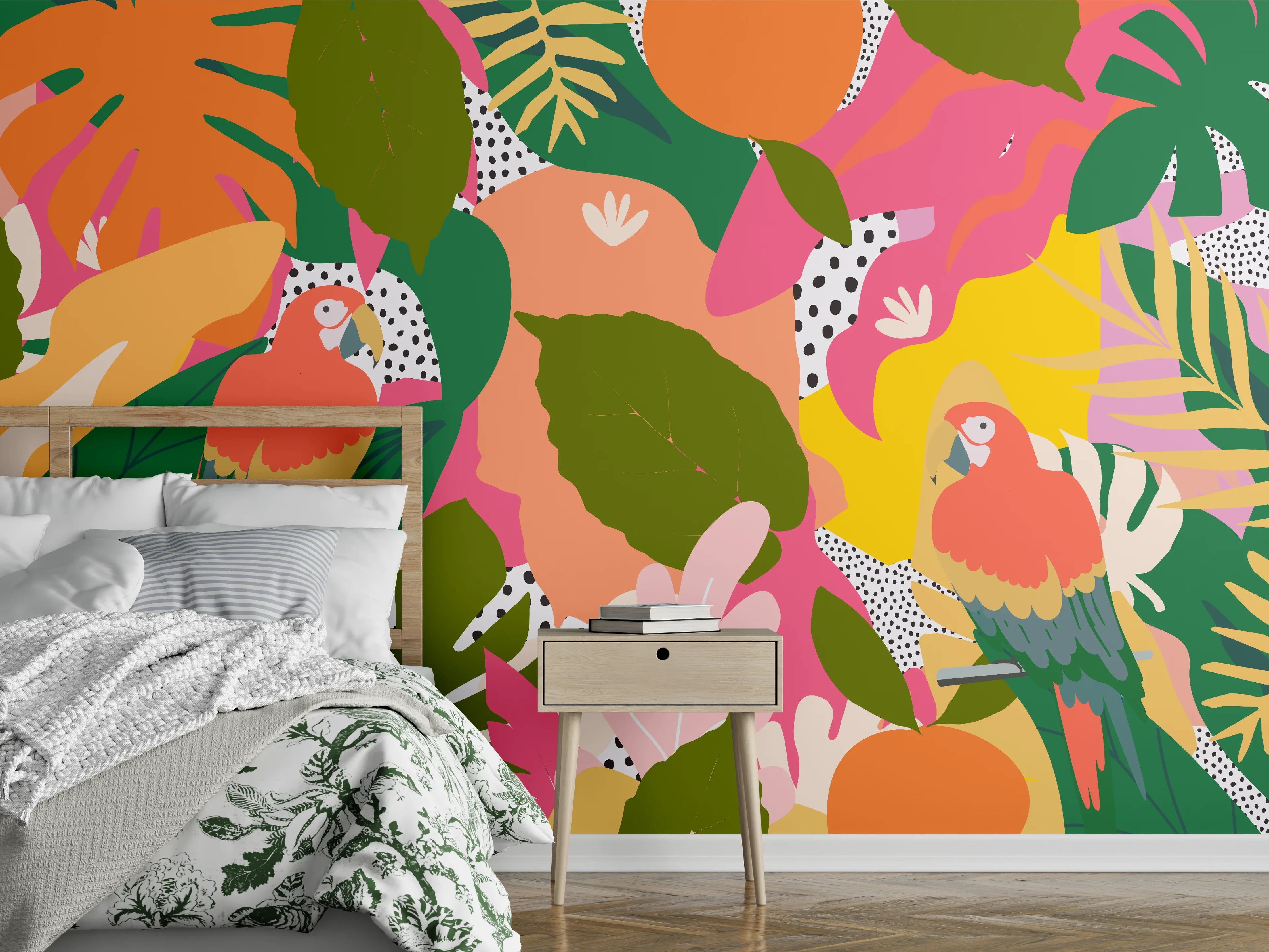 Wandverkleidung Schlafzimmer - Bunter Dschungel Papagei