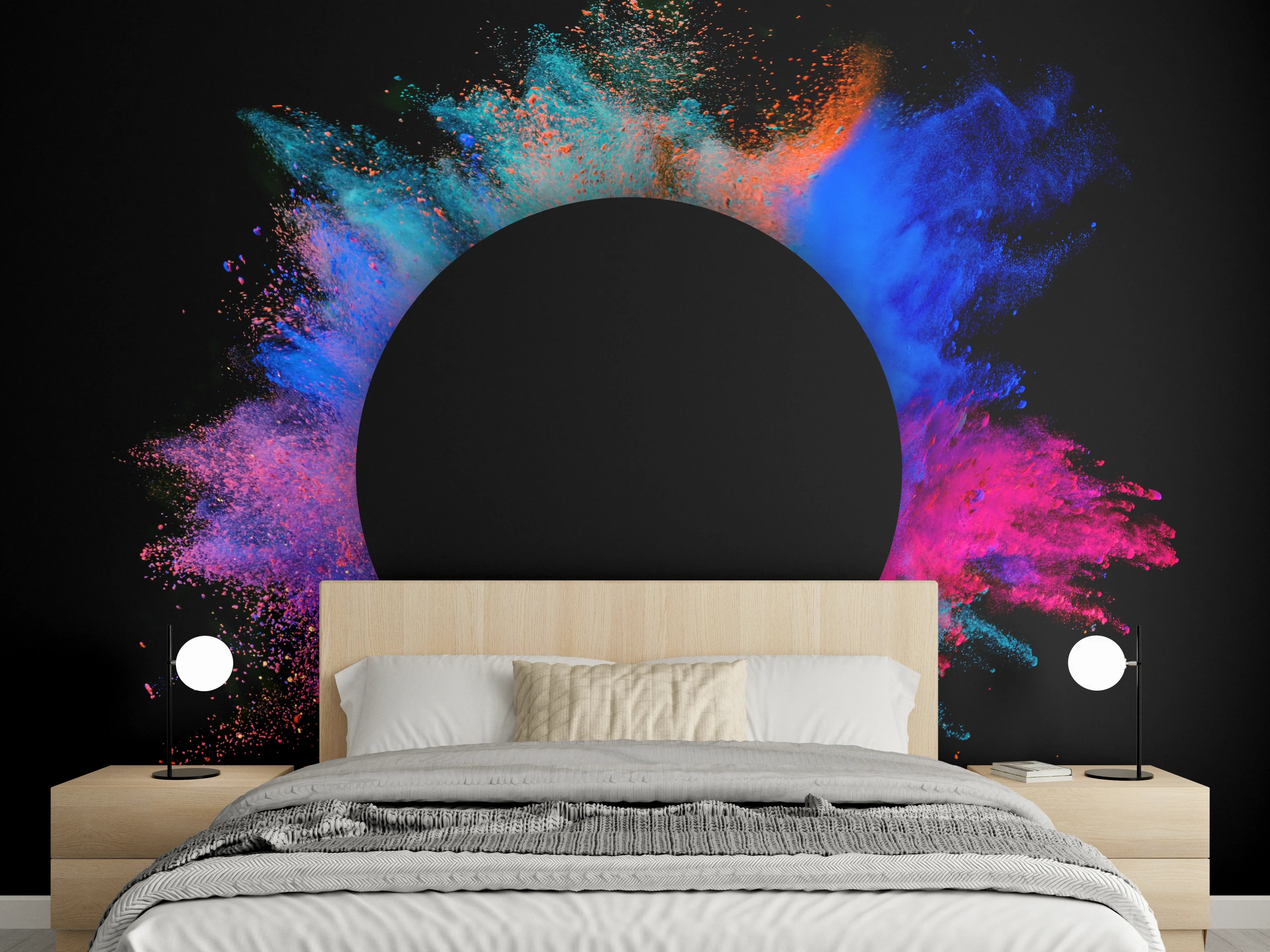 Wandverkleidung Schlafzimmer - Bunter Farbpulver-Kreis auf Schwarz