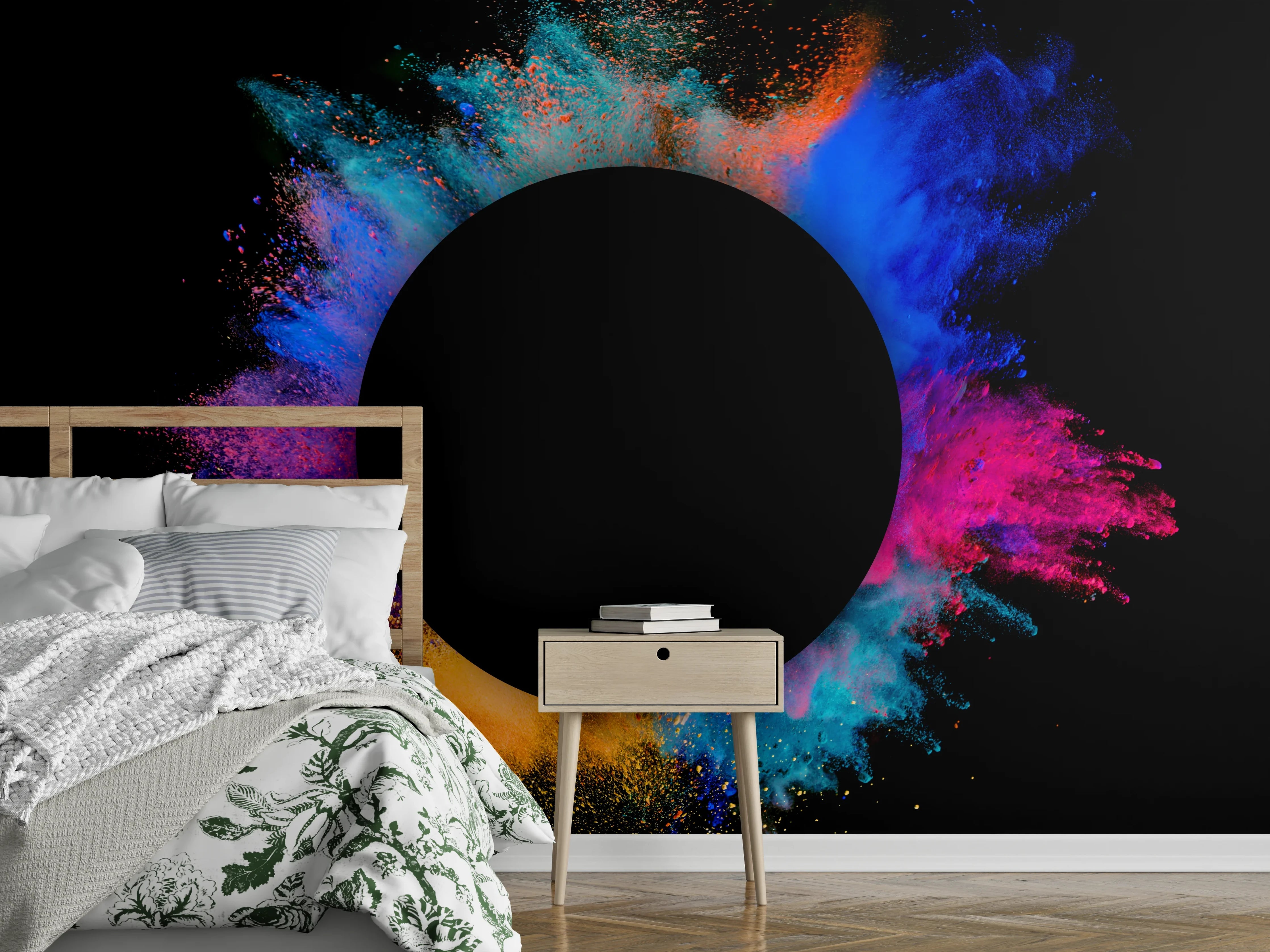 Wandverkleidung Schlafzimmer - Bunter Farbpulver-Kreis auf Schwarz