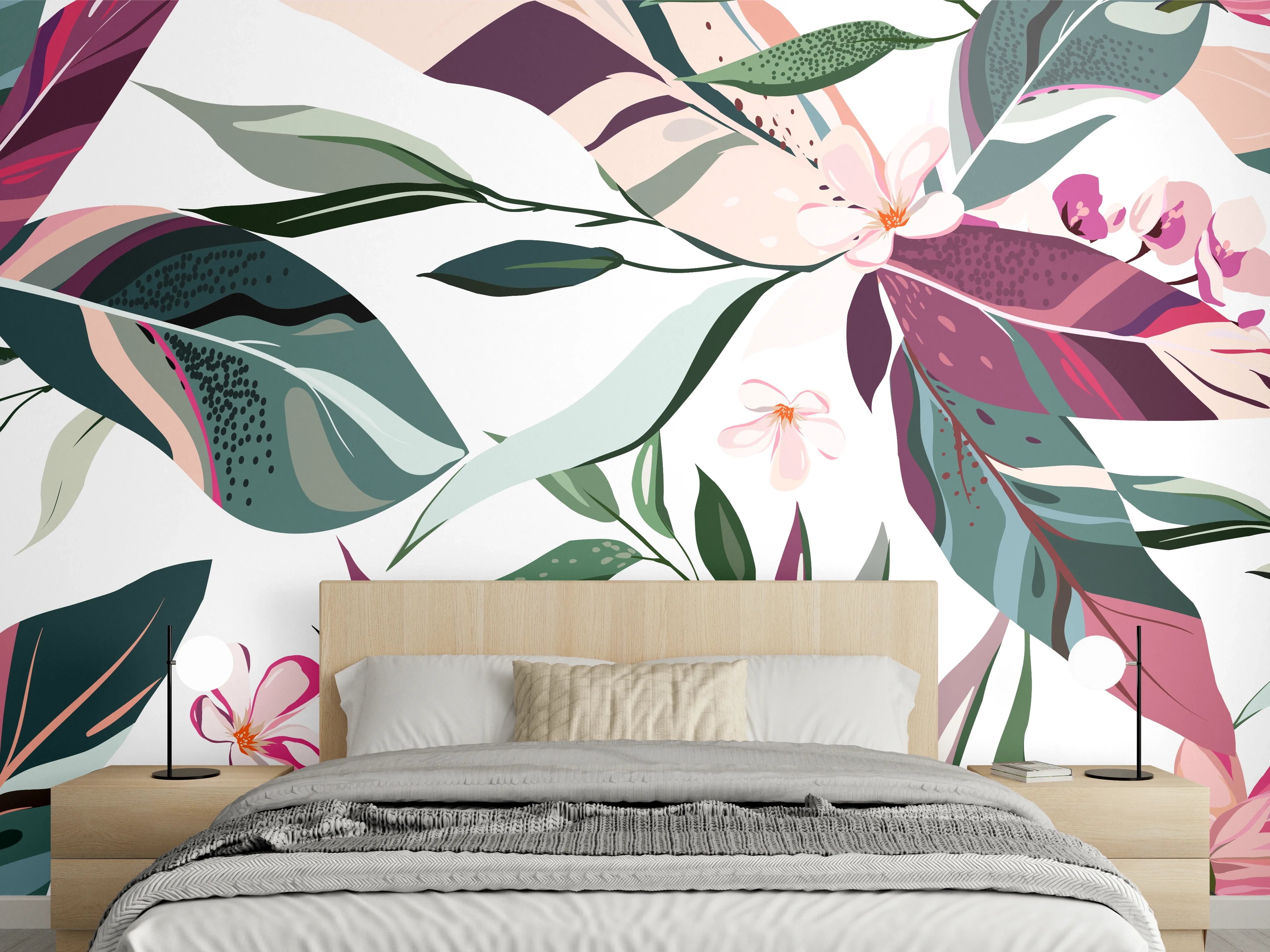 Wandverkleidung Schlafzimmer - Buntes Blumen-Pflanzen Muster