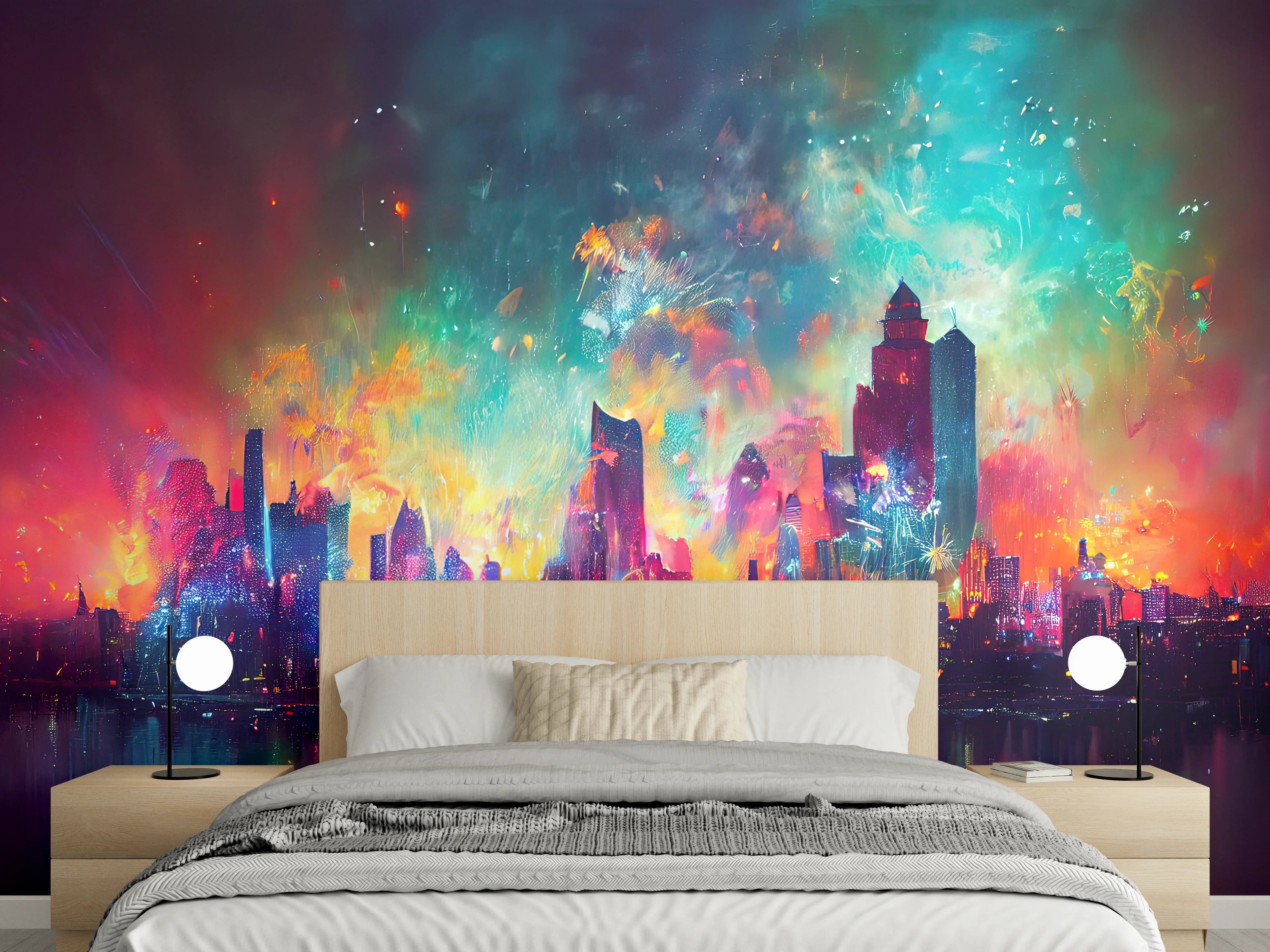 Wandverkleidung Schlafzimmer - Buntes Feuerwerk bei Nacht - Graphik