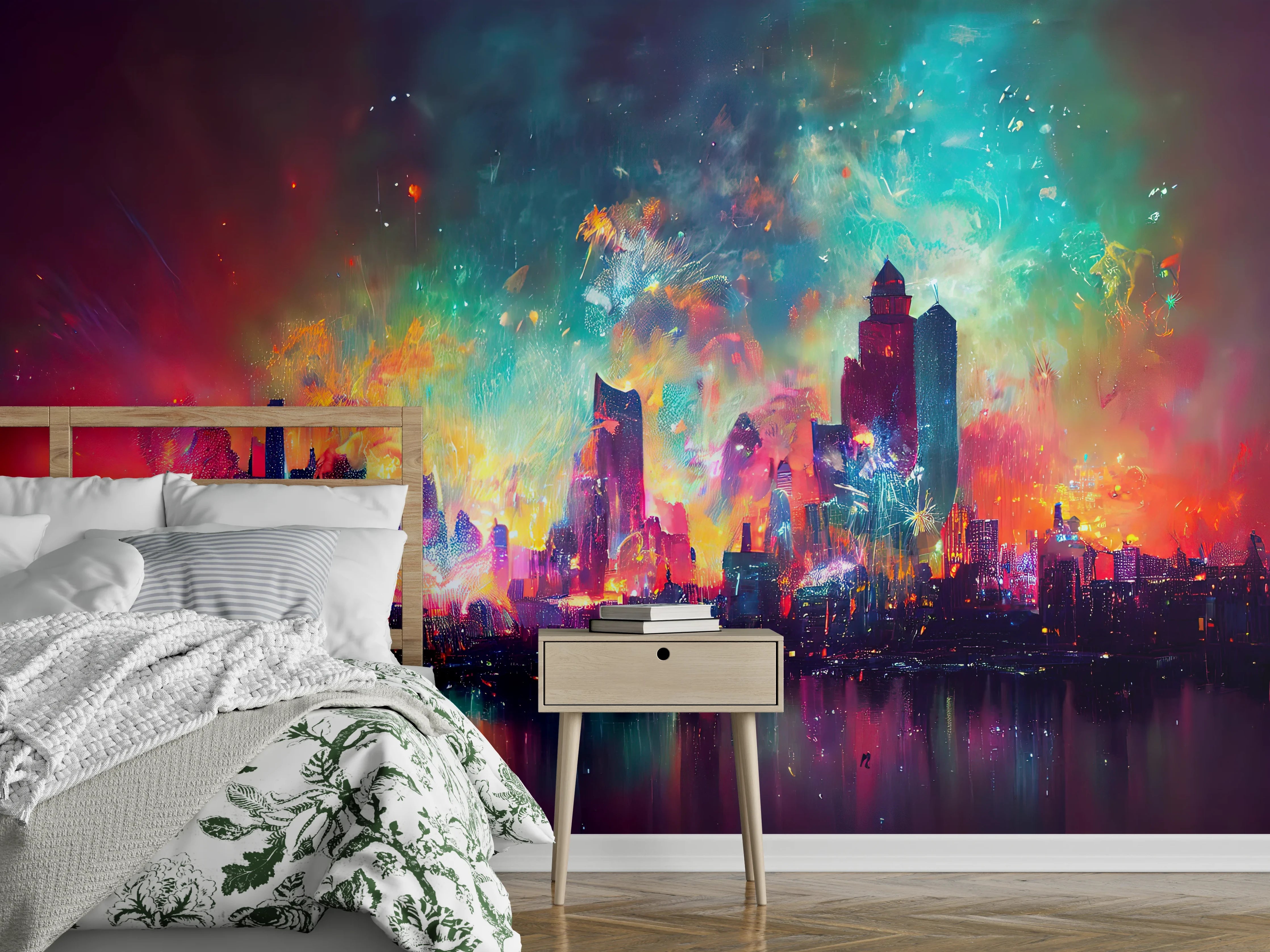 Wandverkleidung Schlafzimmer - Buntes Feuerwerk bei Nacht - Graphik