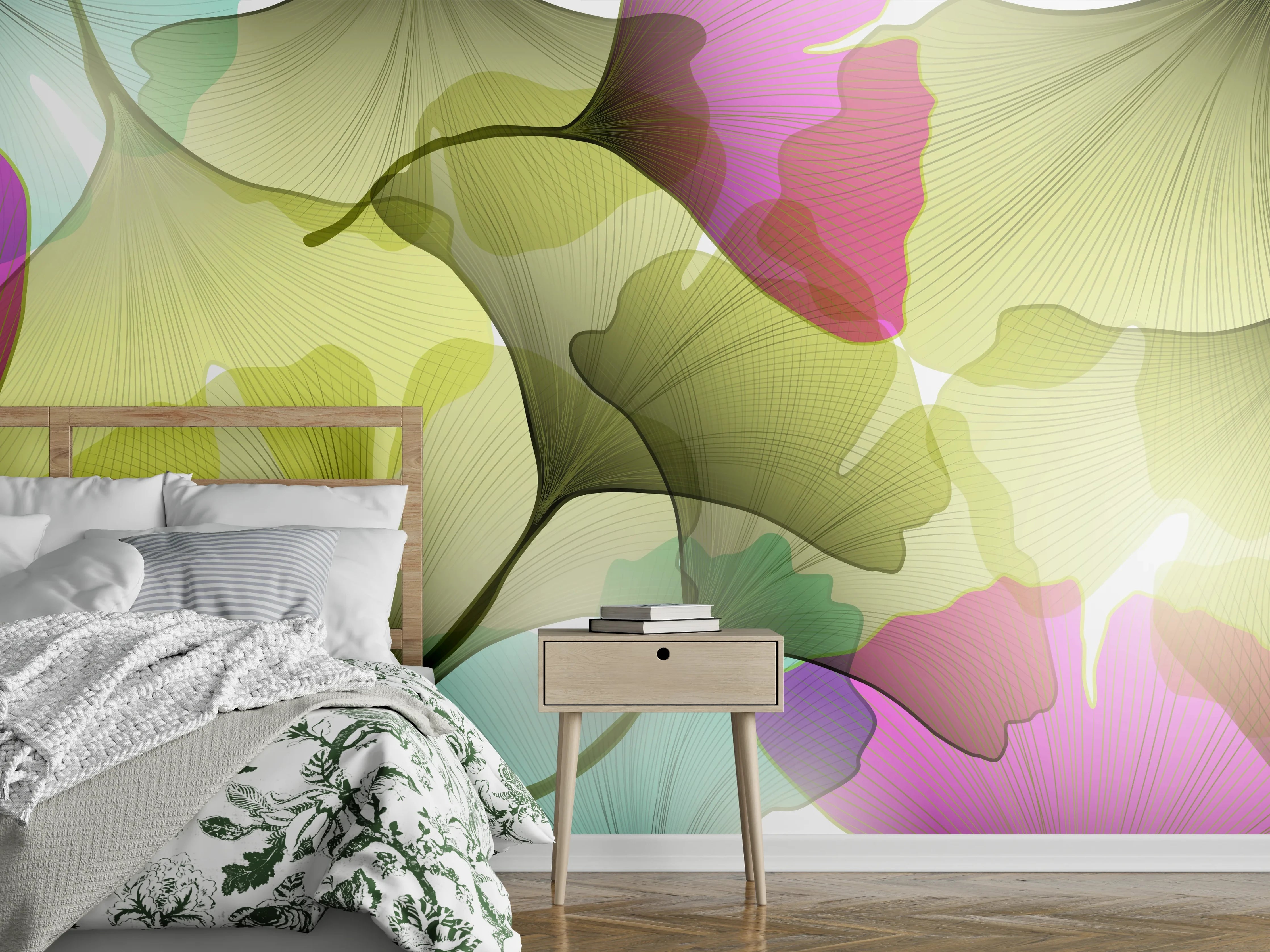 Wandverkleidung Schlafzimmer - Buntes Ginkgo Blätter Design