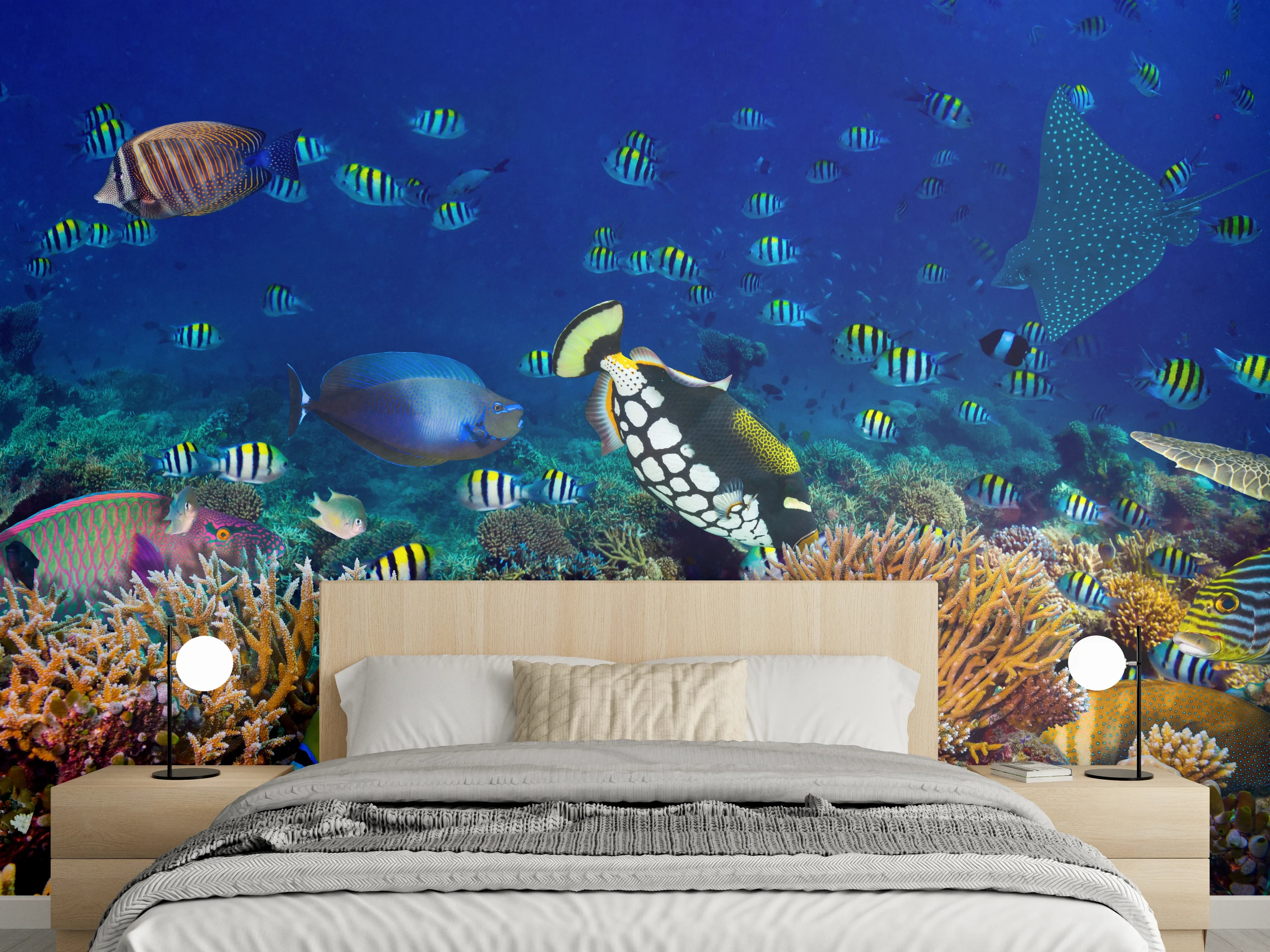 Wandverkleidung Schlafzimmer - Buntes Korallenriff Blau-Türkis
