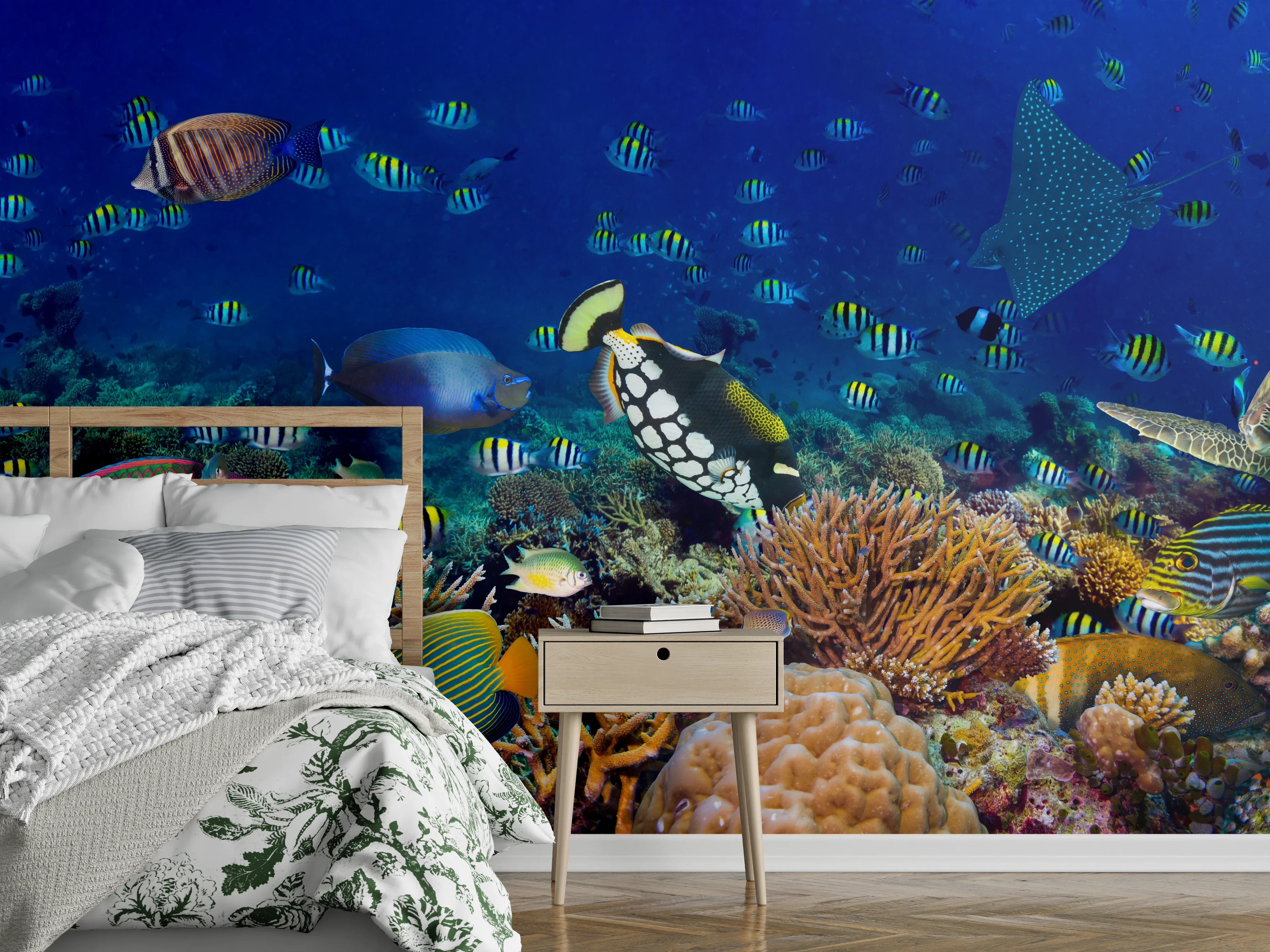 Wandverkleidung Schlafzimmer - Buntes Korallenriff Blau-Türkis