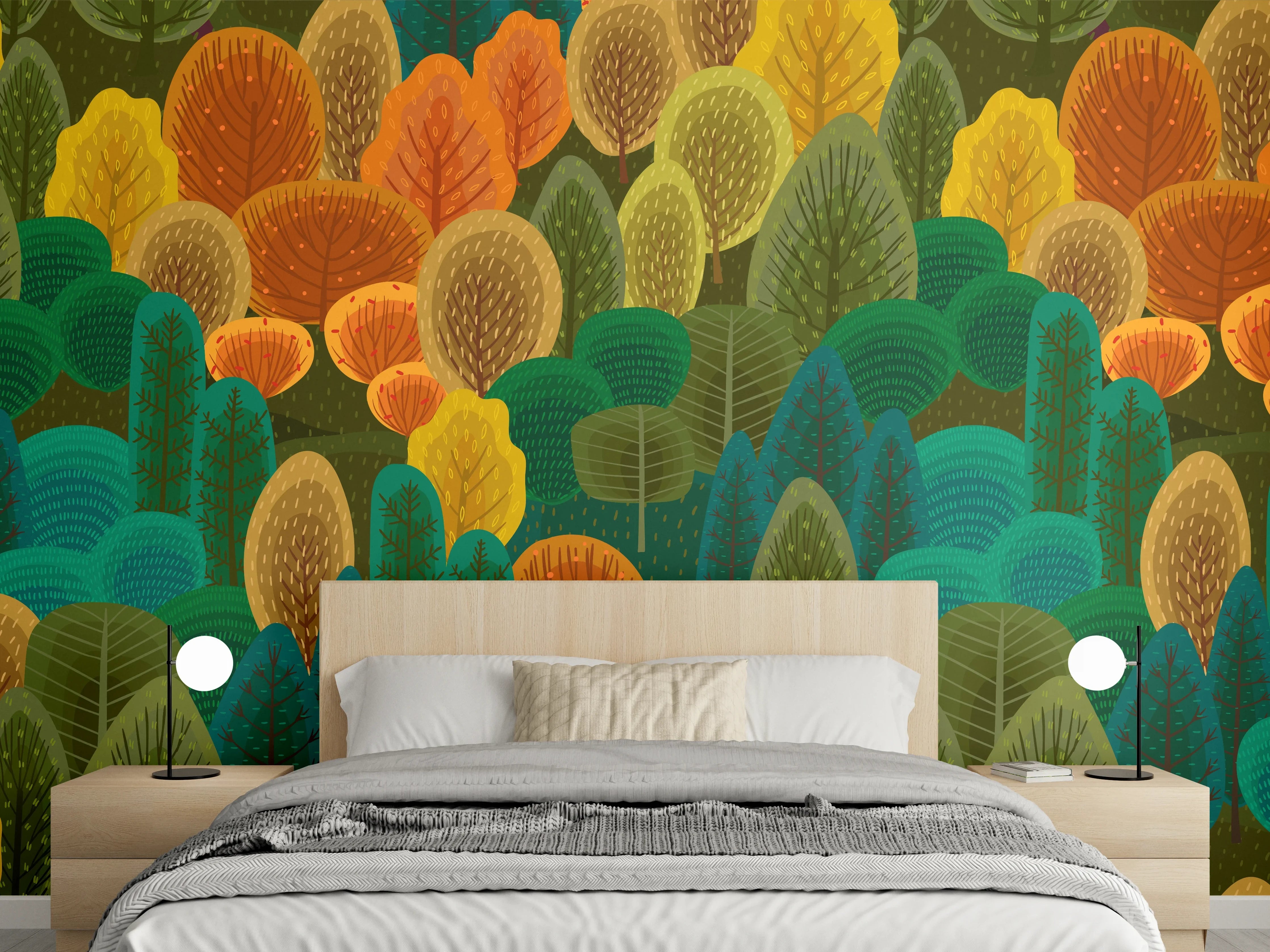 Wandverkleidung Schlafzimmer - Buntes Waldmuster Design