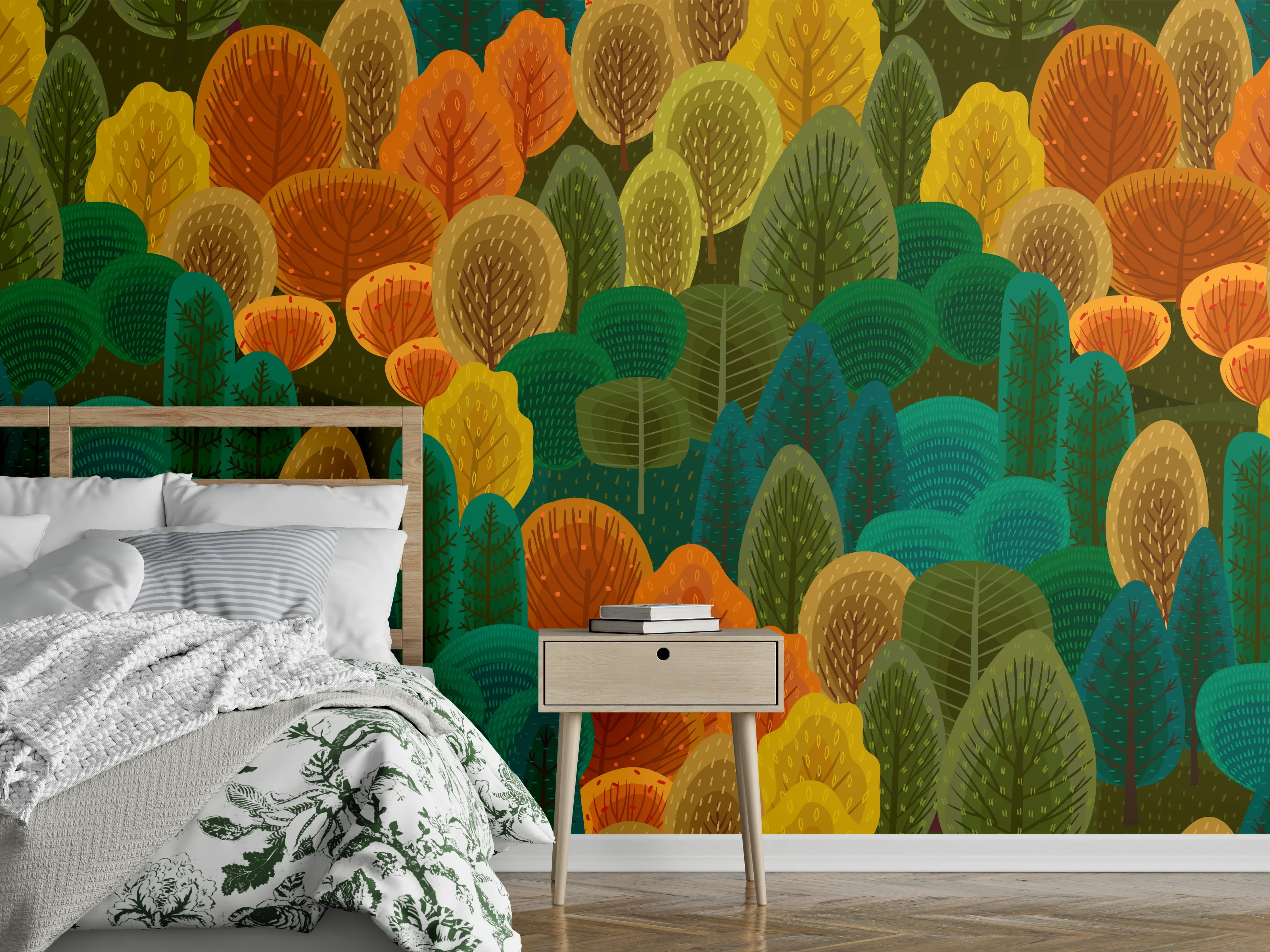 Wandverkleidung Schlafzimmer - Buntes Waldmuster Design