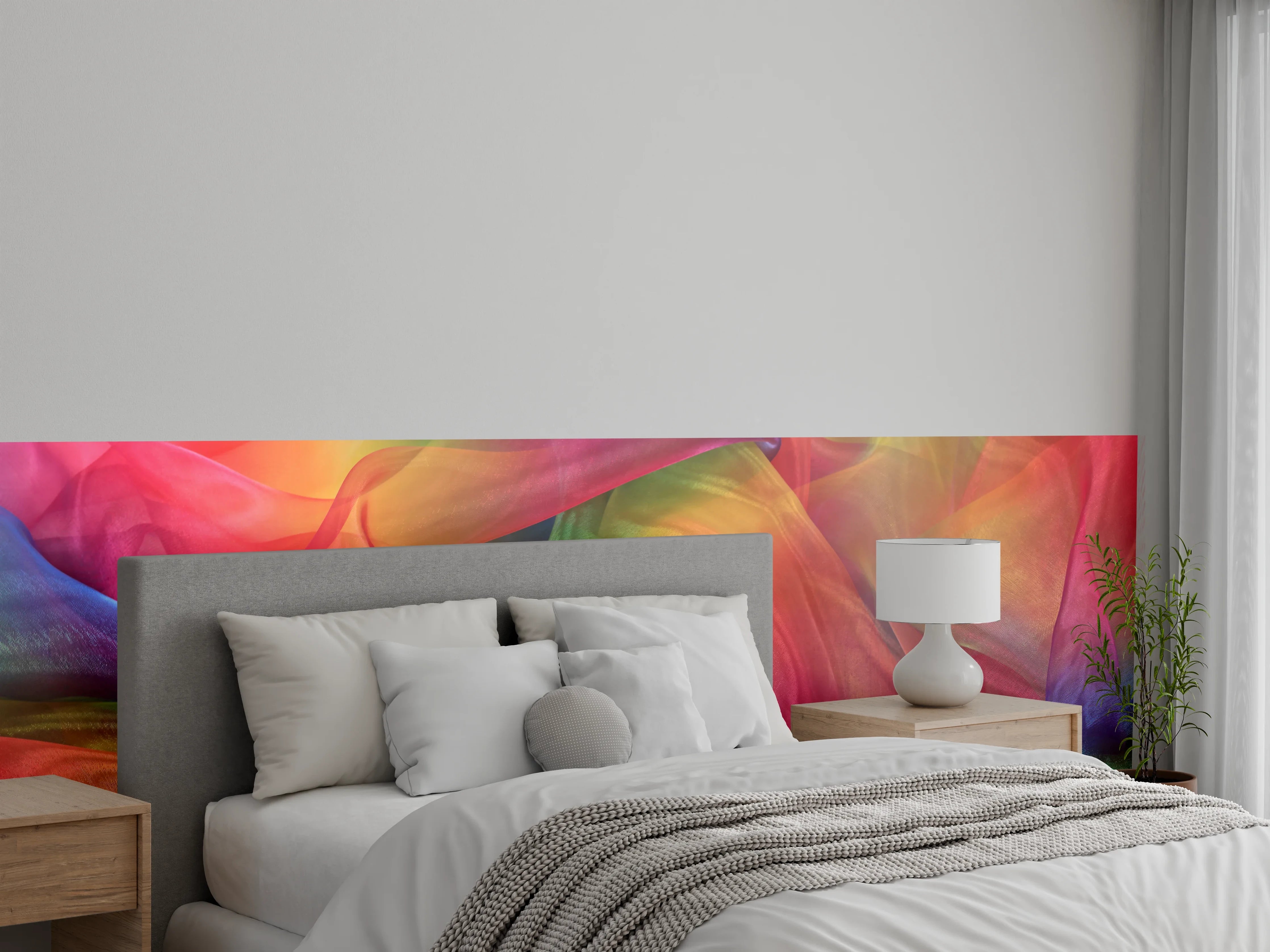 Wandverkleidung Schlafzimmer - Buntes, farbenfrohes Stoffmuster mit fließender Textur