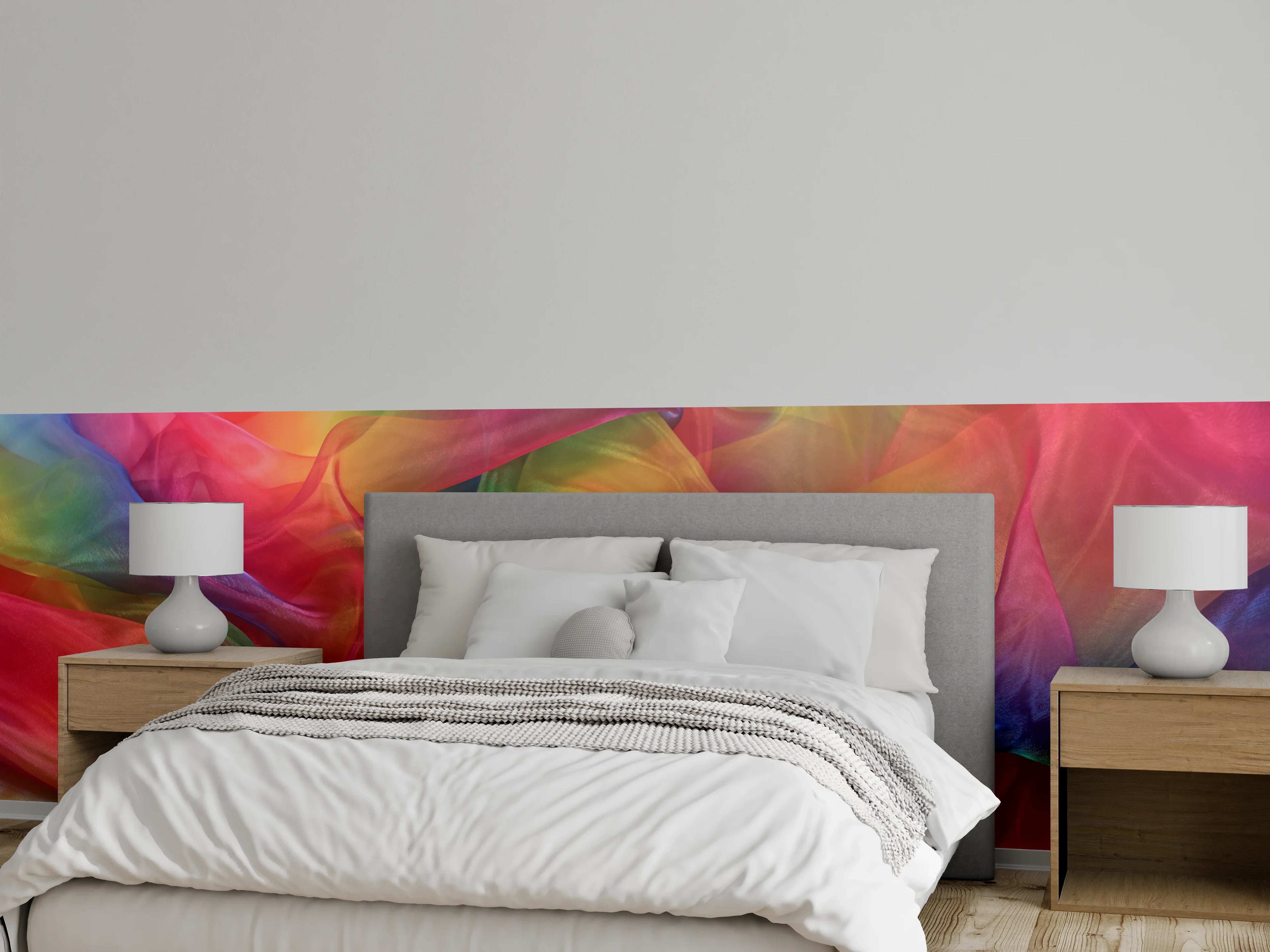 Wandverkleidung Schlafzimmer - Buntes, farbenfrohes Stoffmuster mit fließender Textur