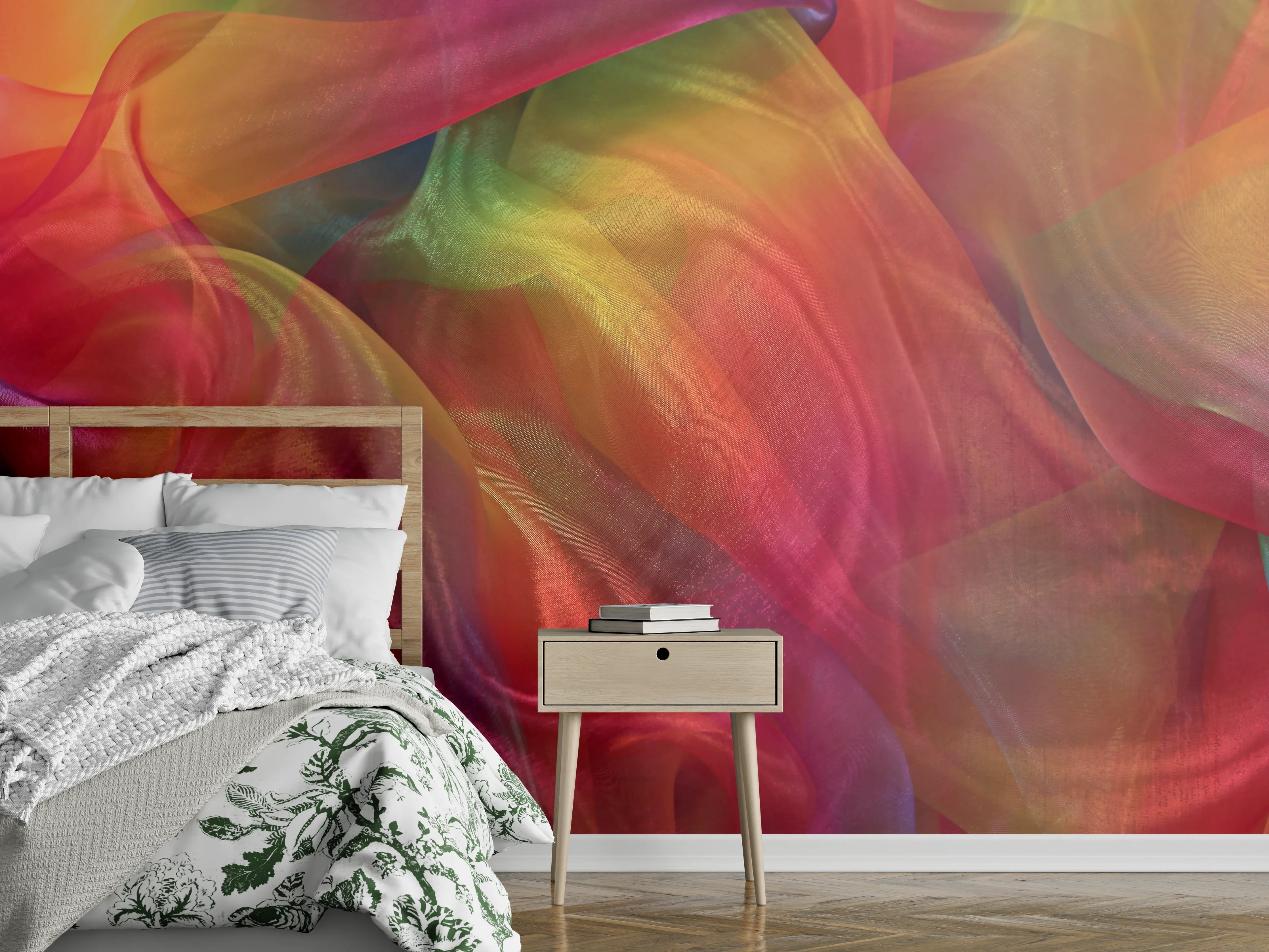 Wandverkleidung Schlafzimmer - Buntes, farbenfrohes Stoffmuster mit fließender Textur