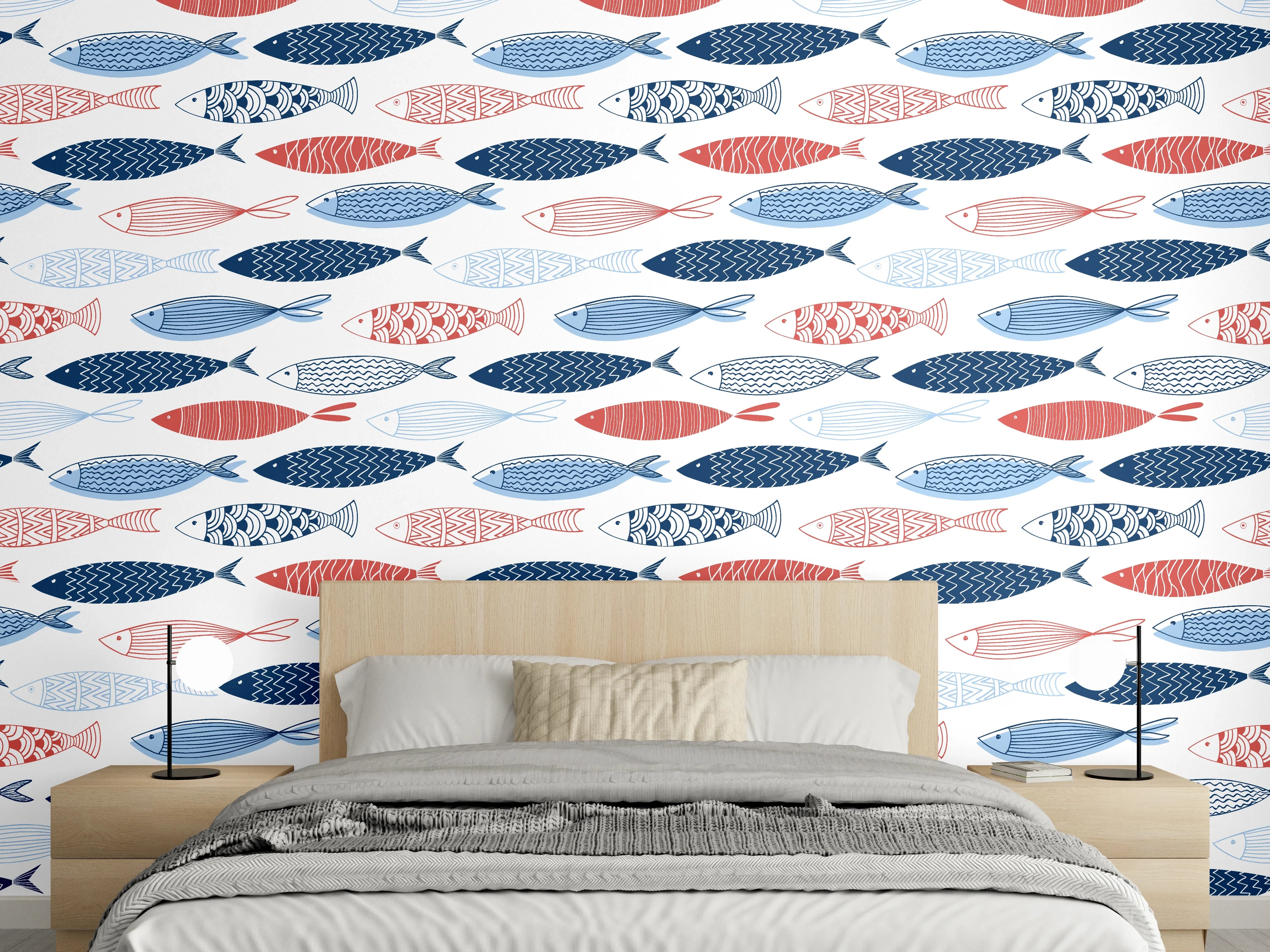 Wandverkleidung Schlafzimmer - Cartoon-Fische Blau-Rot