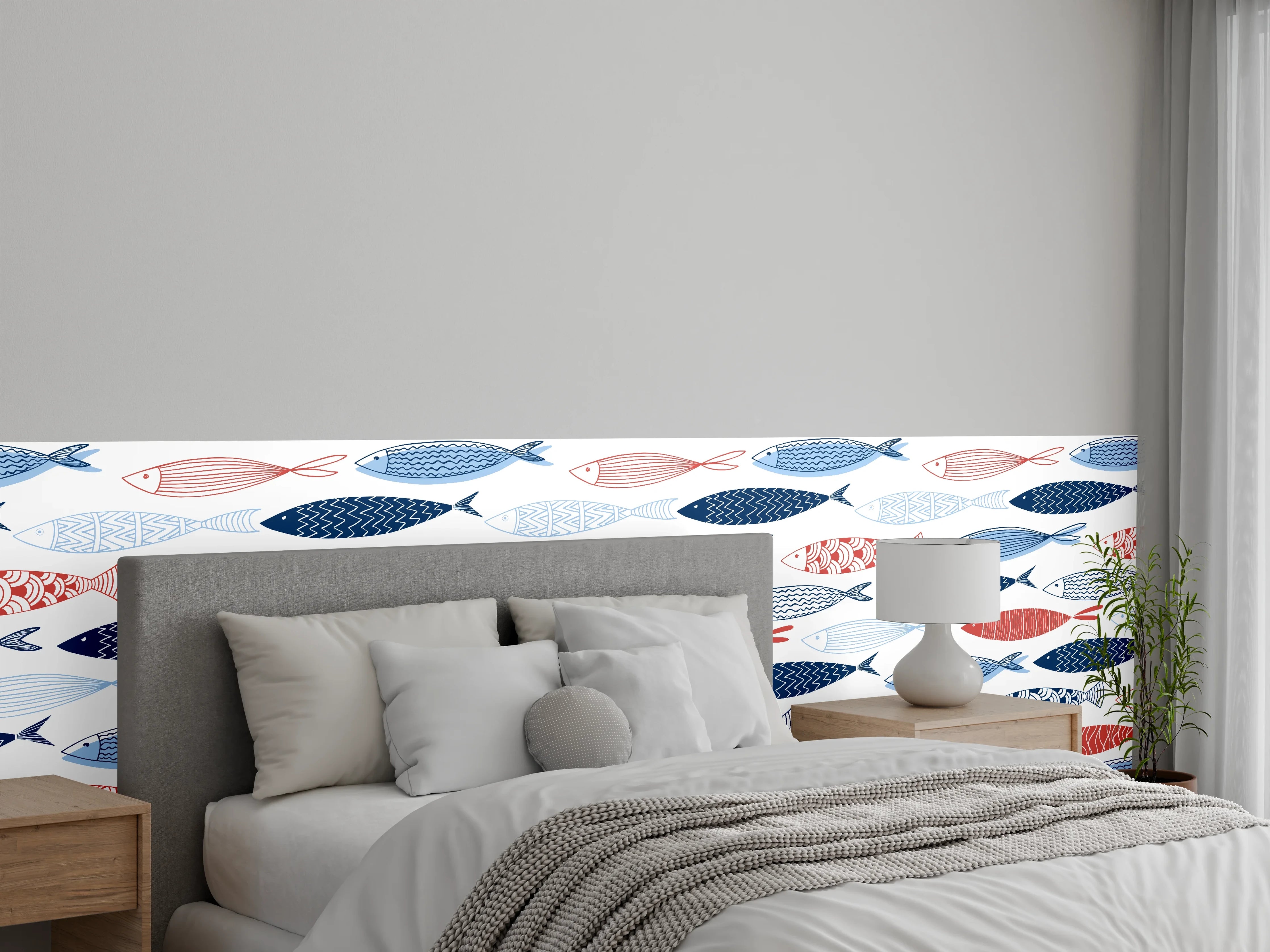 Wandverkleidung Schlafzimmer - Cartoon-Fische Blau-Rot