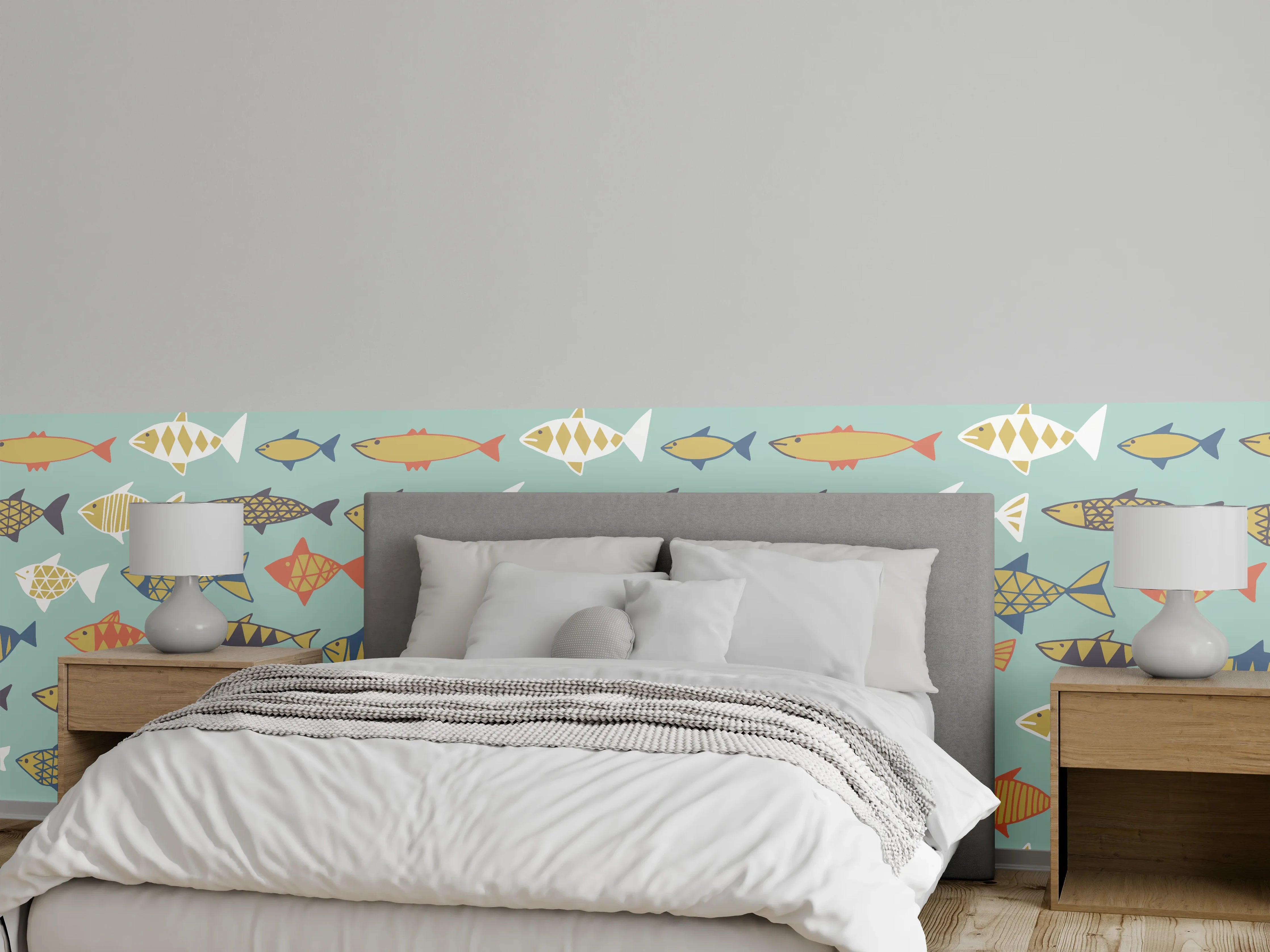 Wandverkleidung Schlafzimmer - Cartoon-Fische Türkis-Orange Muster