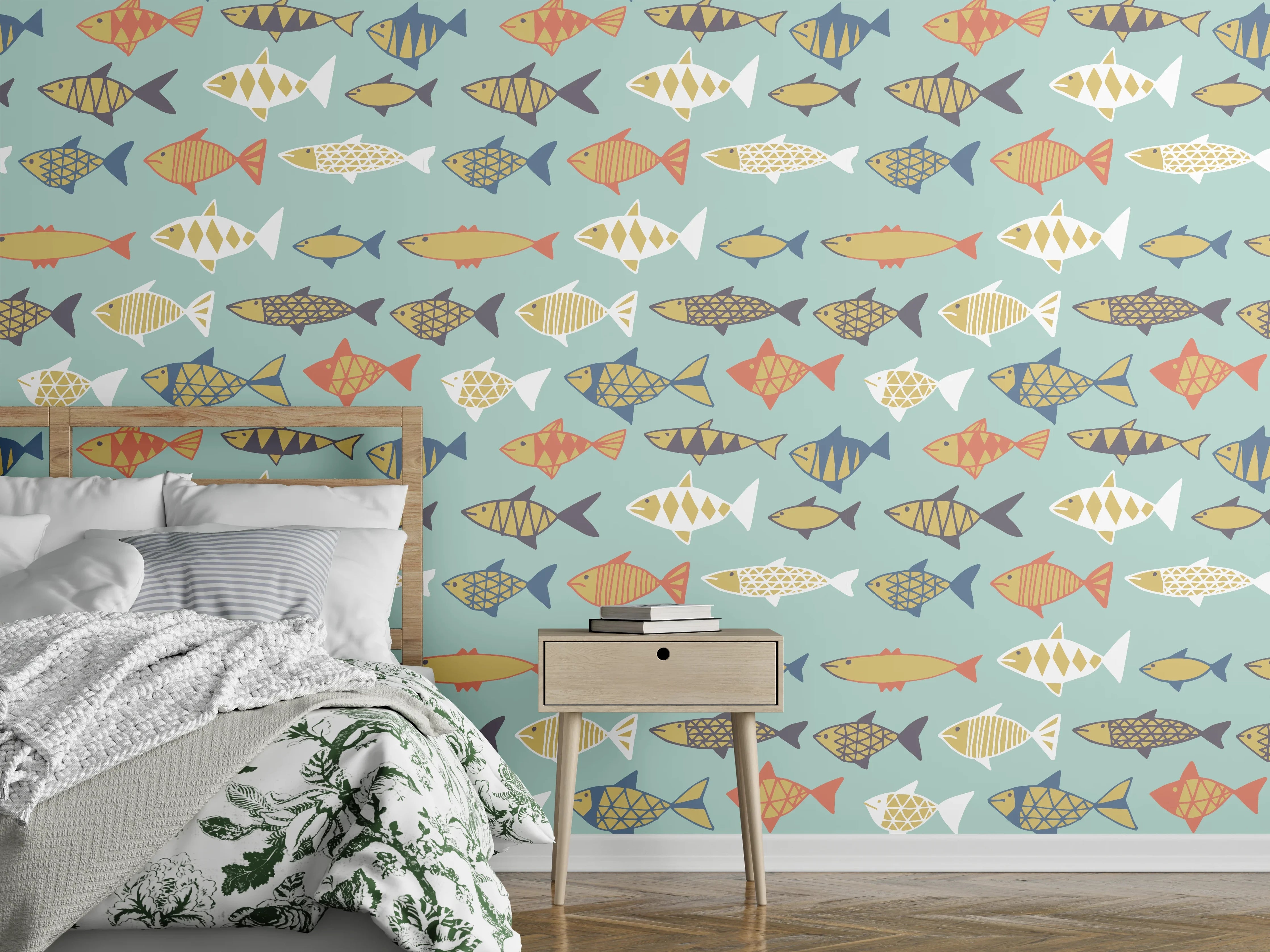 Wandverkleidung Schlafzimmer - Cartoon-Fische Türkis-Orange Muster