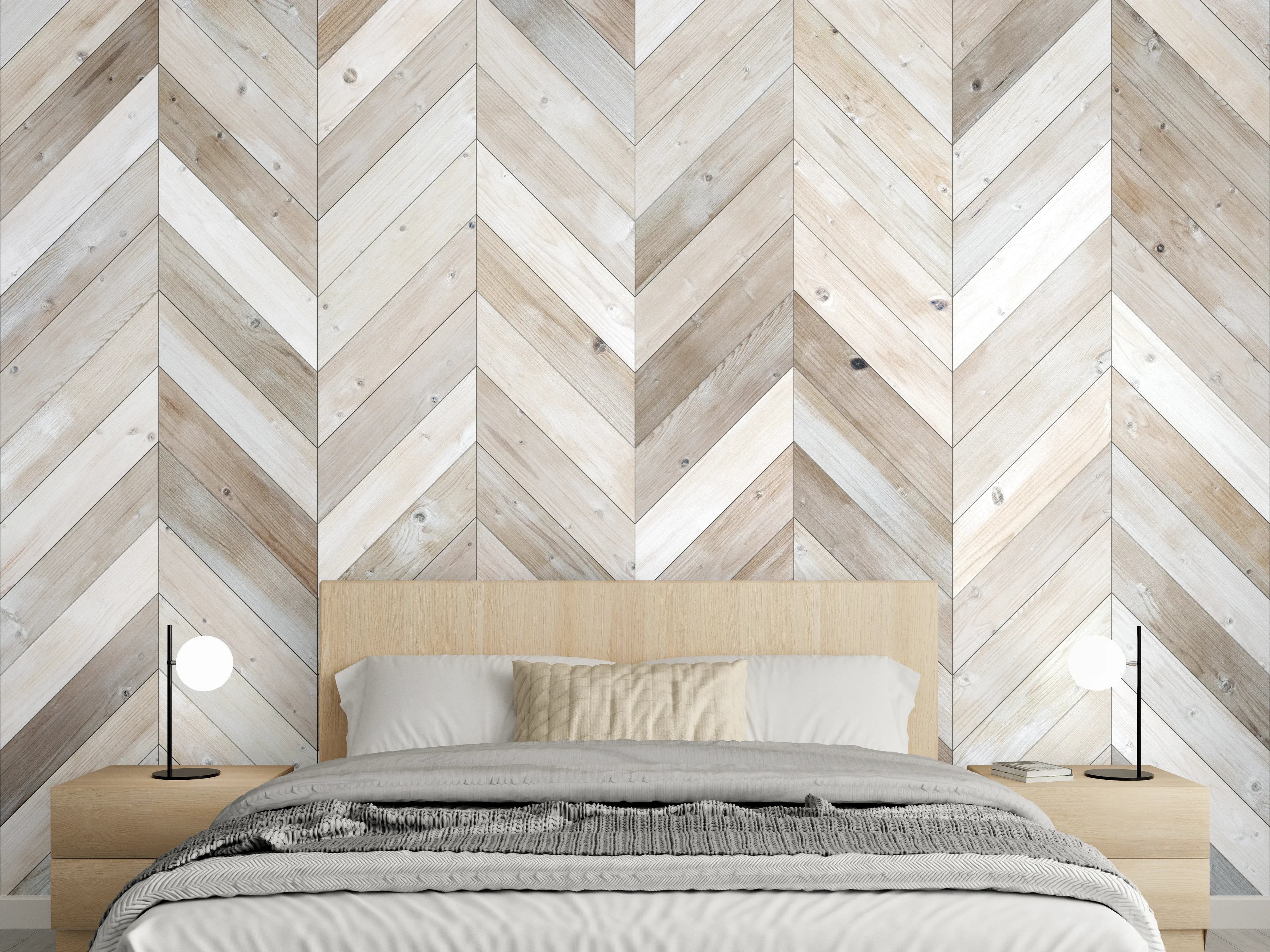 Wandverkleidung Schlafzimmer - Chevron Holz Muster in Weiß-Grau