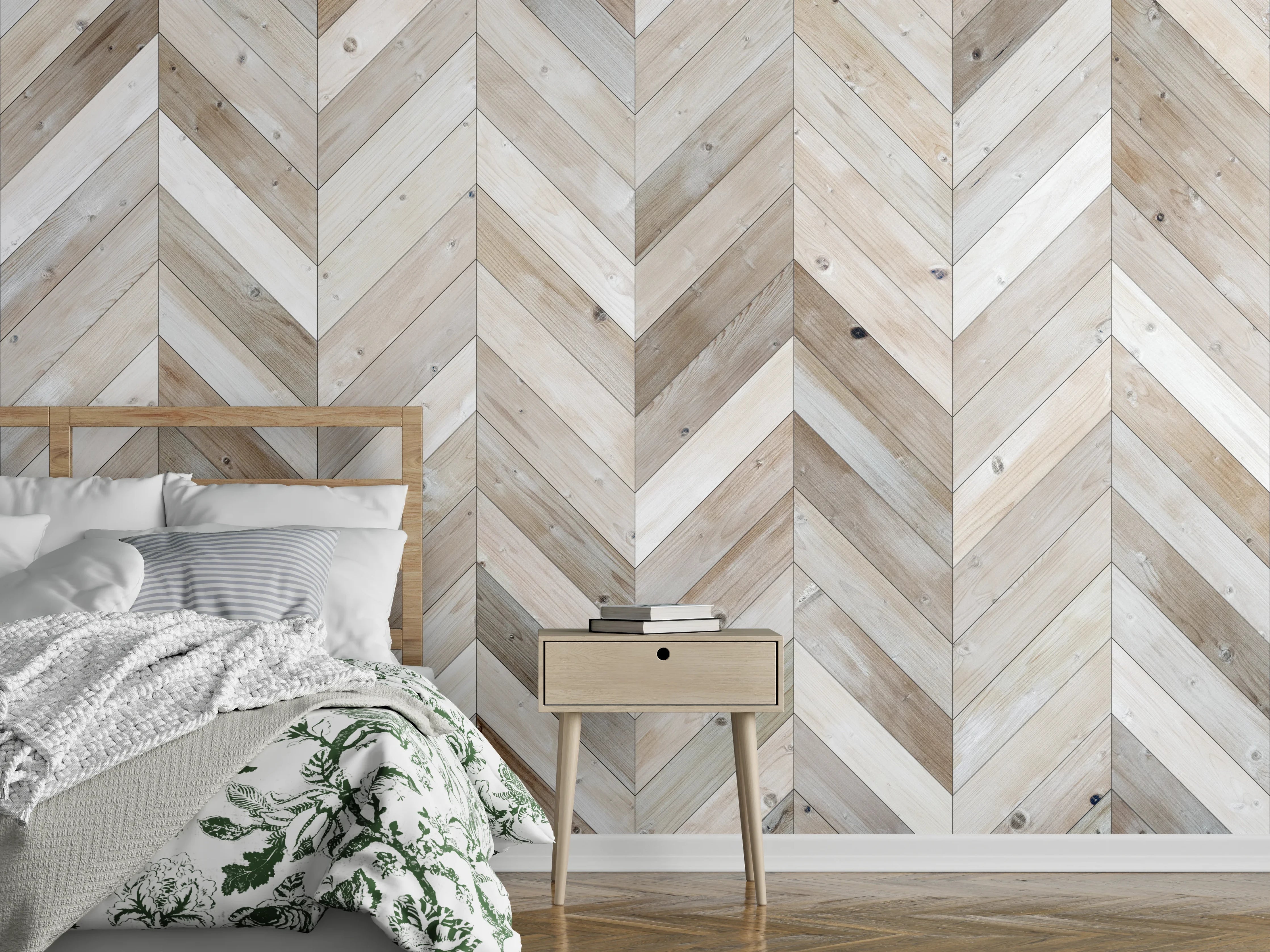 Wandverkleidung Schlafzimmer - Chevron Holz Muster in Weiß-Grau