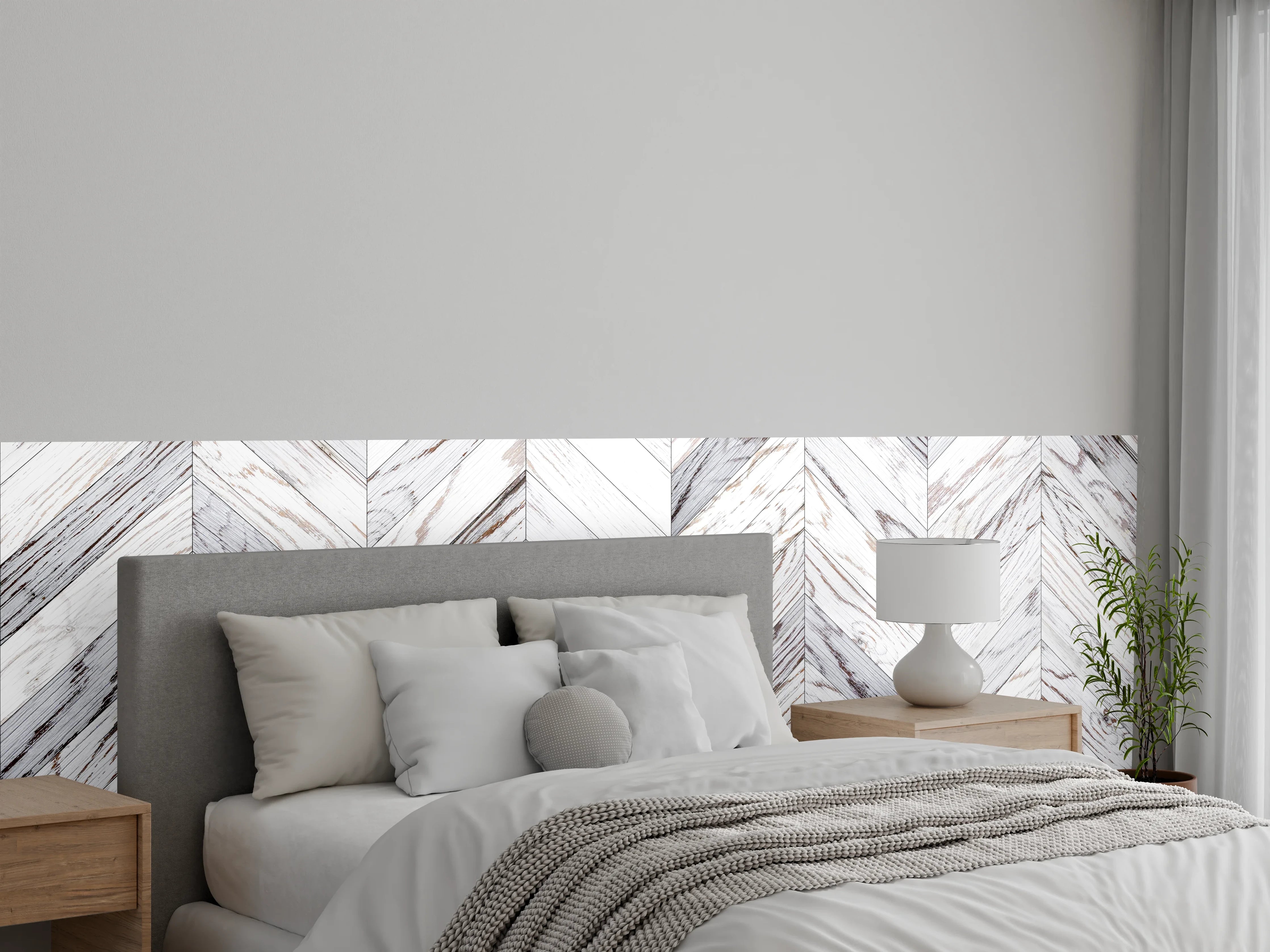 Wandverkleidung Schlafzimmer - Chevron weiß Holzoptik modern