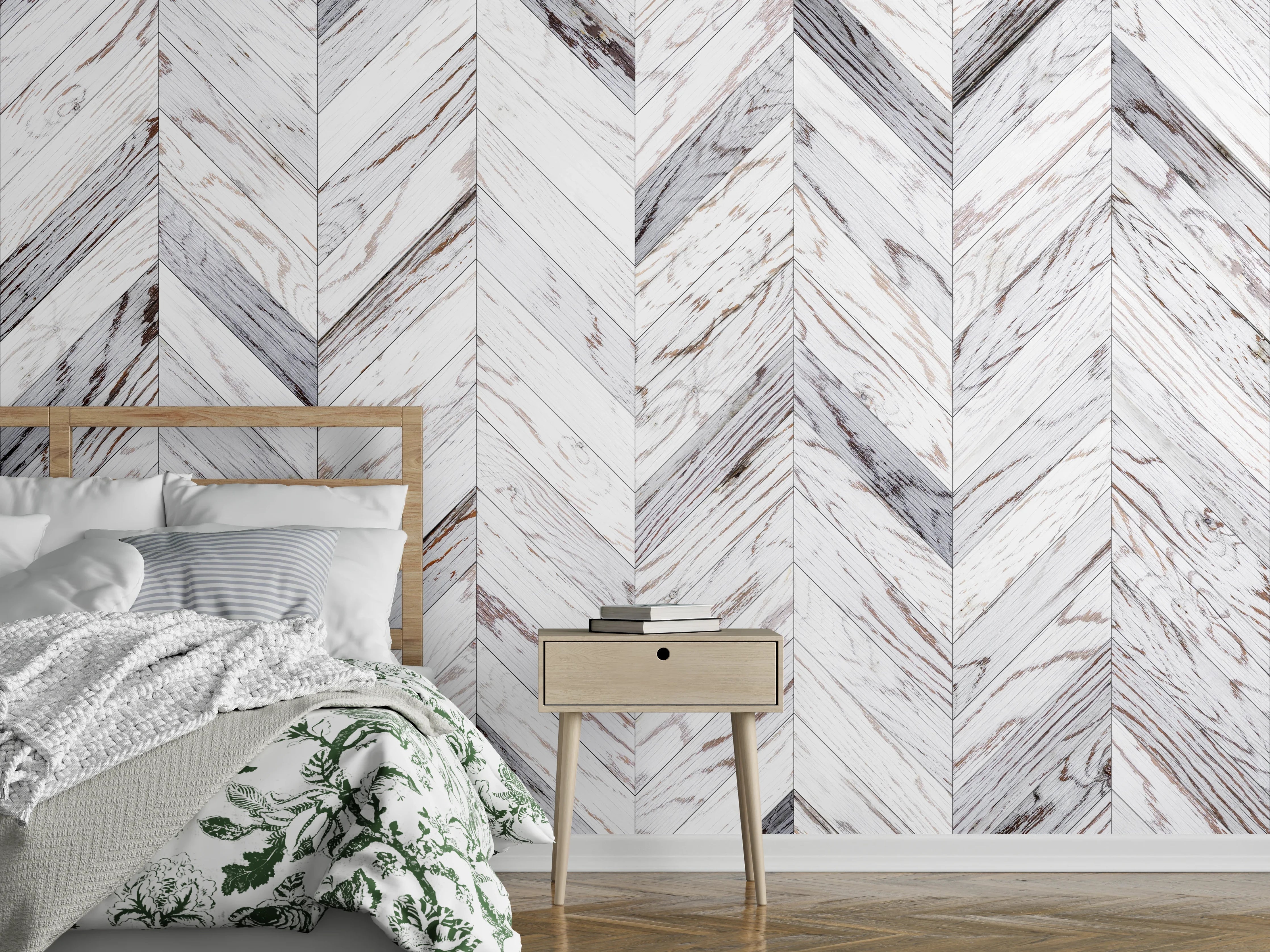 Wandverkleidung Schlafzimmer - Chevron weiß Holzoptik modern
