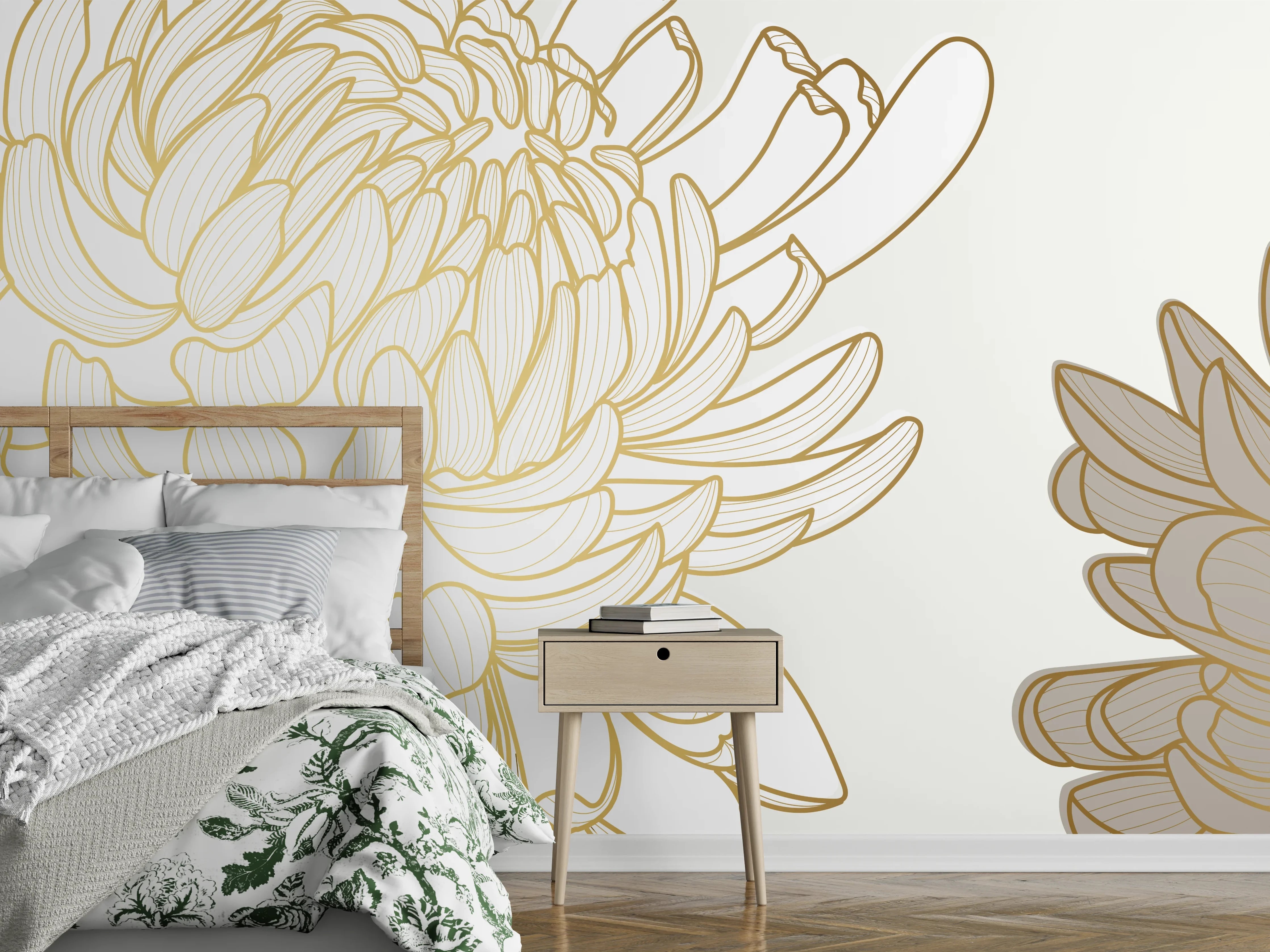 Wandverkleidung Schlafzimmer - Chic Cream Floral Illustration