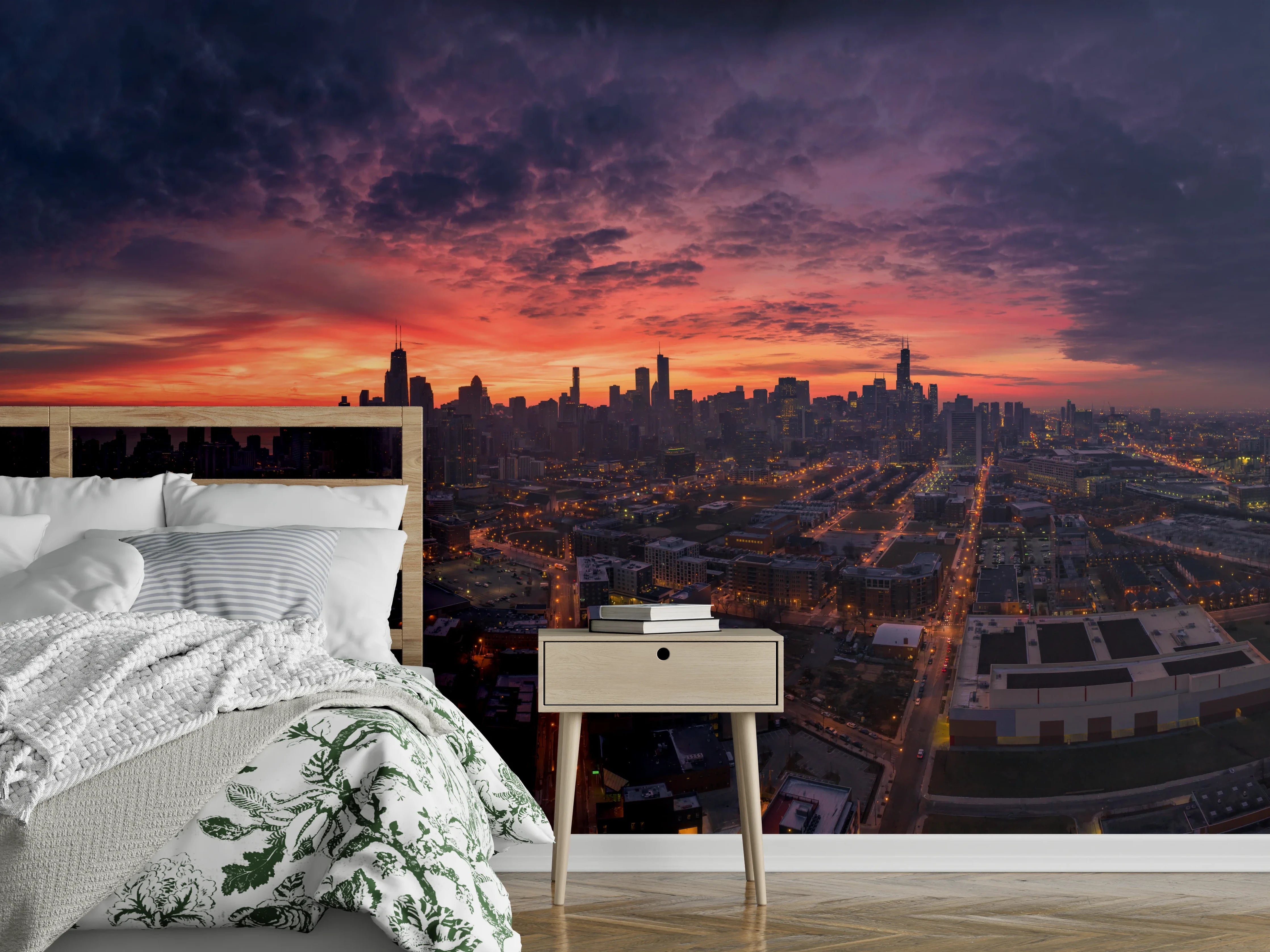 Wandverkleidung Schlafzimmer - Chicago Luftbildpanorama von Westen