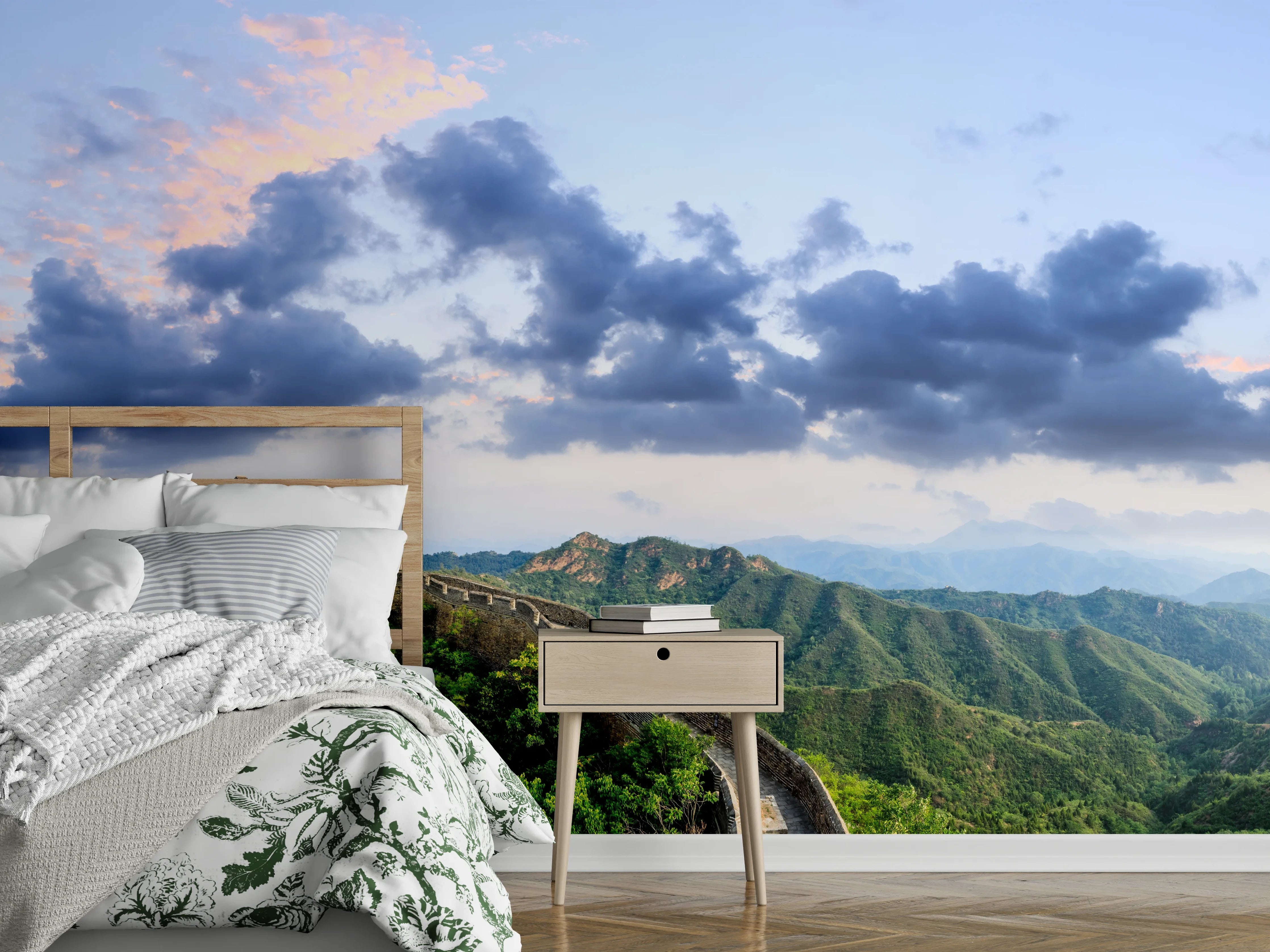 Wandverkleidung Schlafzimmer - Chinesische Mauer Panorama Grün-Blau
