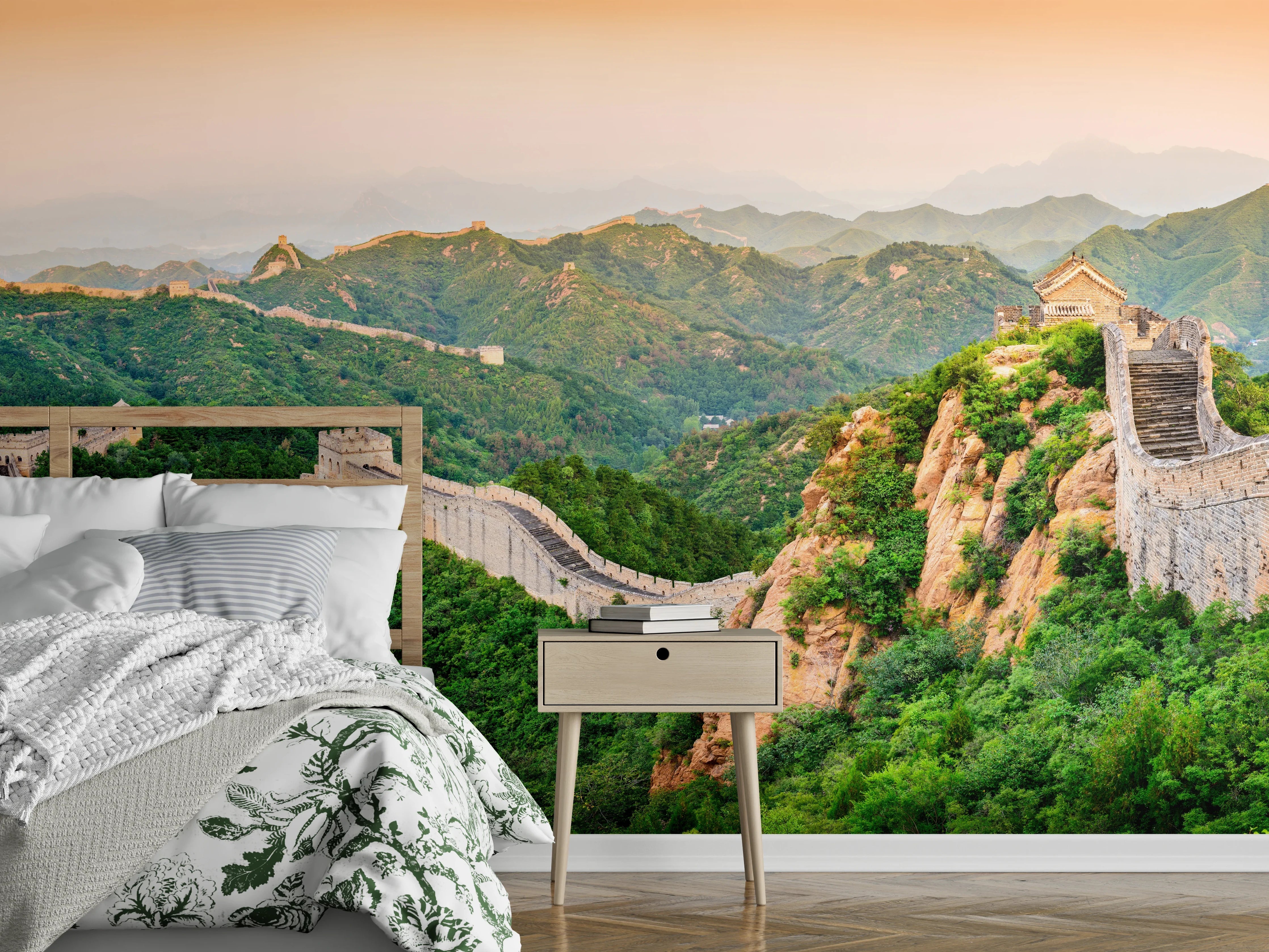 Wandverkleidung Schlafzimmer - Chinesische Mauer Panorama Grün-Orange