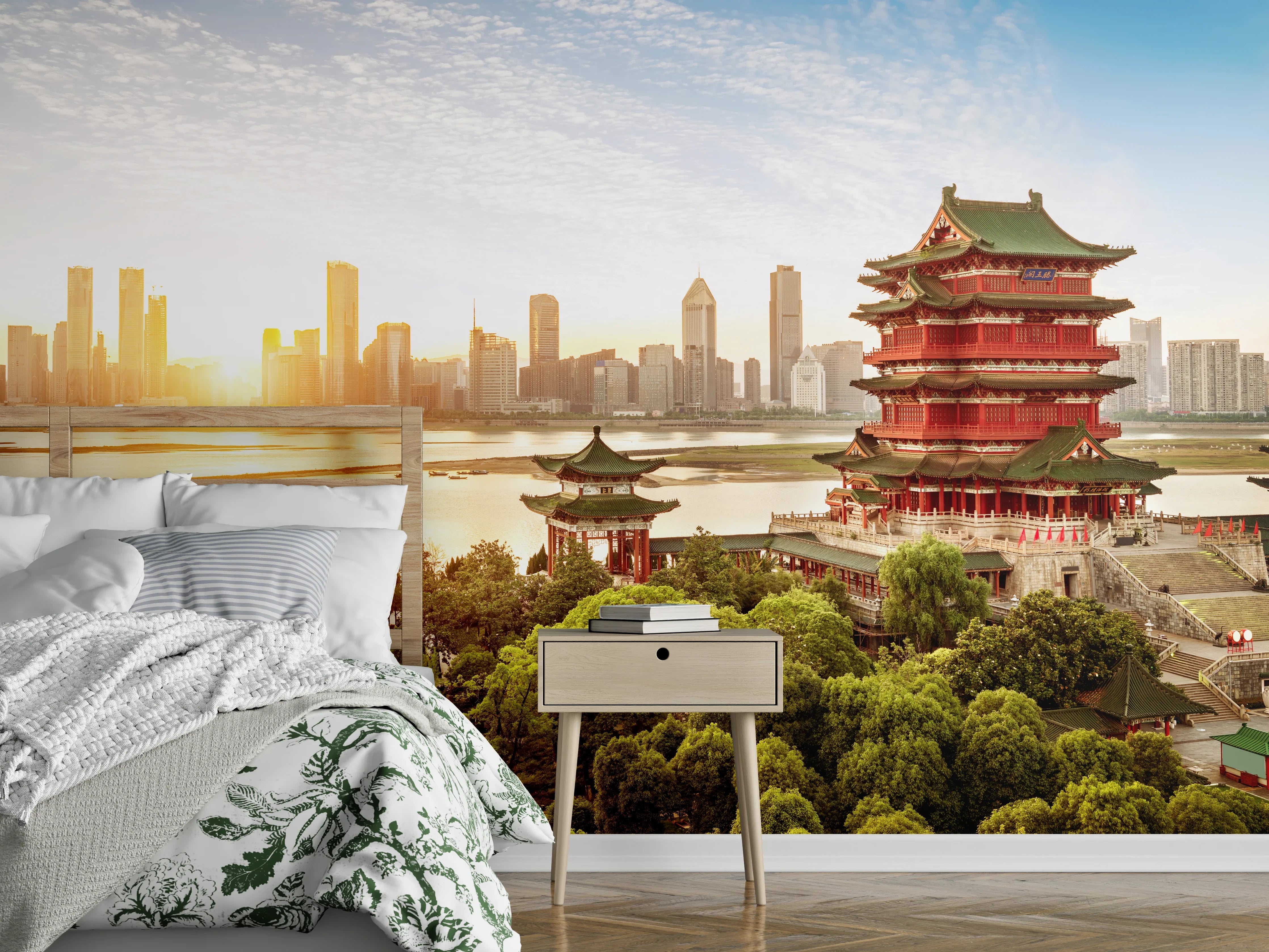 Wandverkleidung Schlafzimmer - Chinesische Skyline und Pagode Panorama