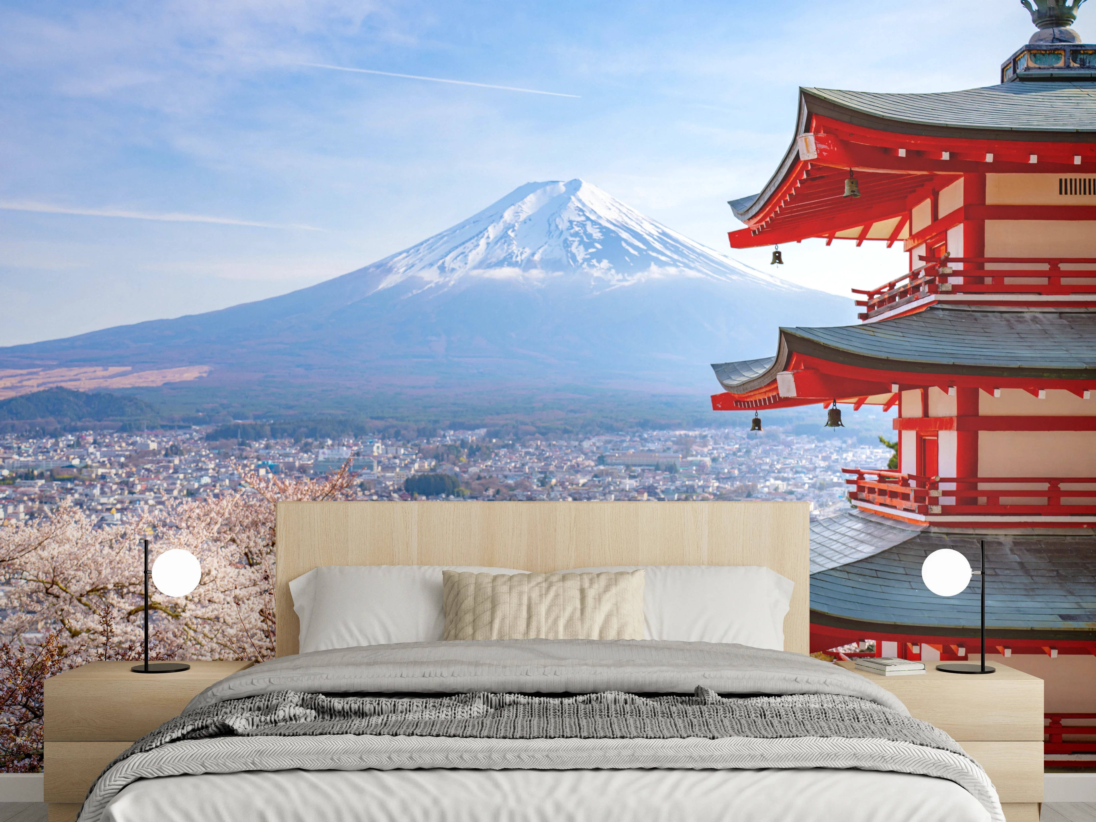 Wandverkleidung Schlafzimmer - Chureito-Pagode & Fuji – Kirschblüte Panorama