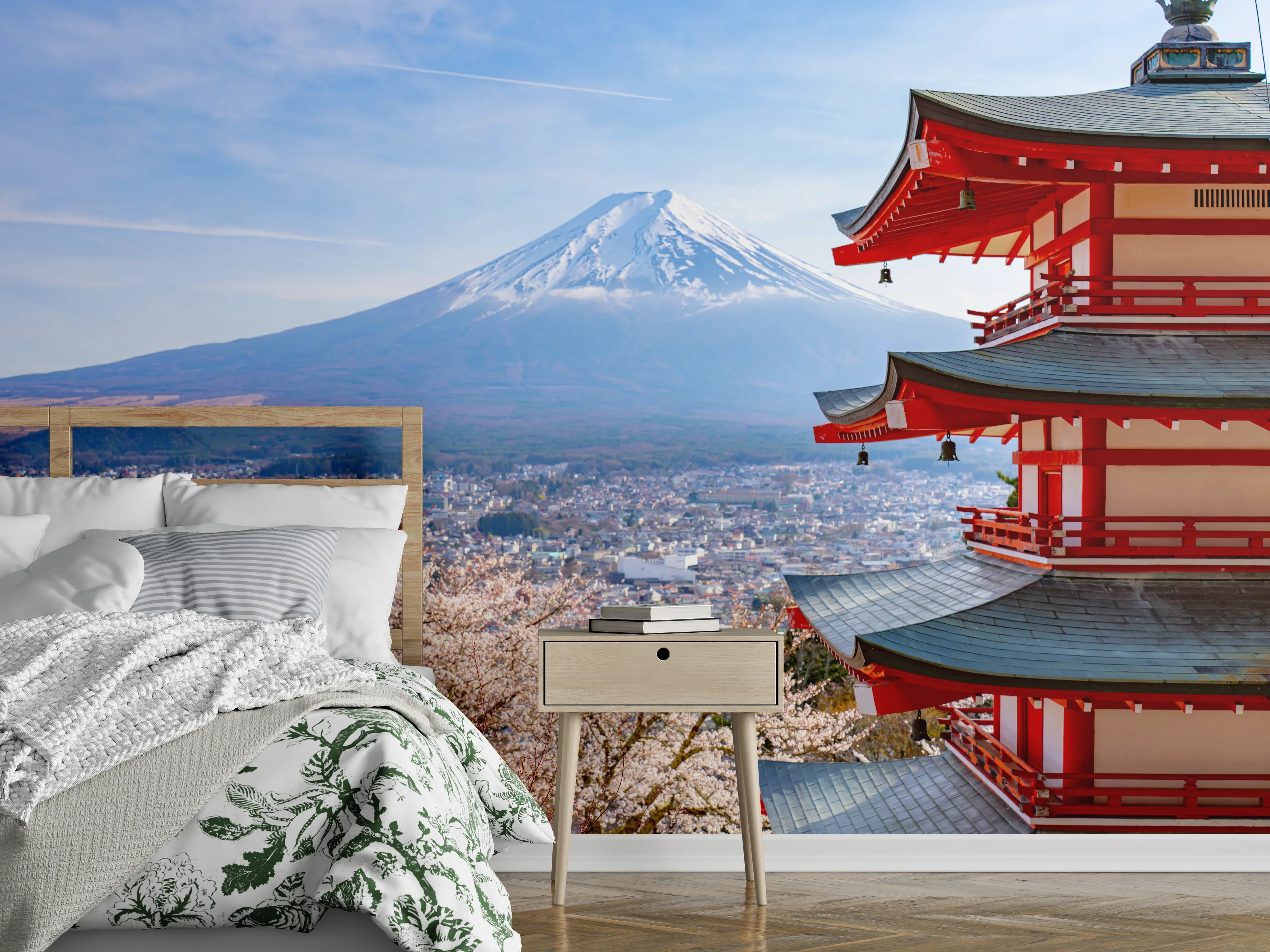 Wandverkleidung Schlafzimmer - Chureito-Pagode & Fuji – Kirschblüte Panorama
