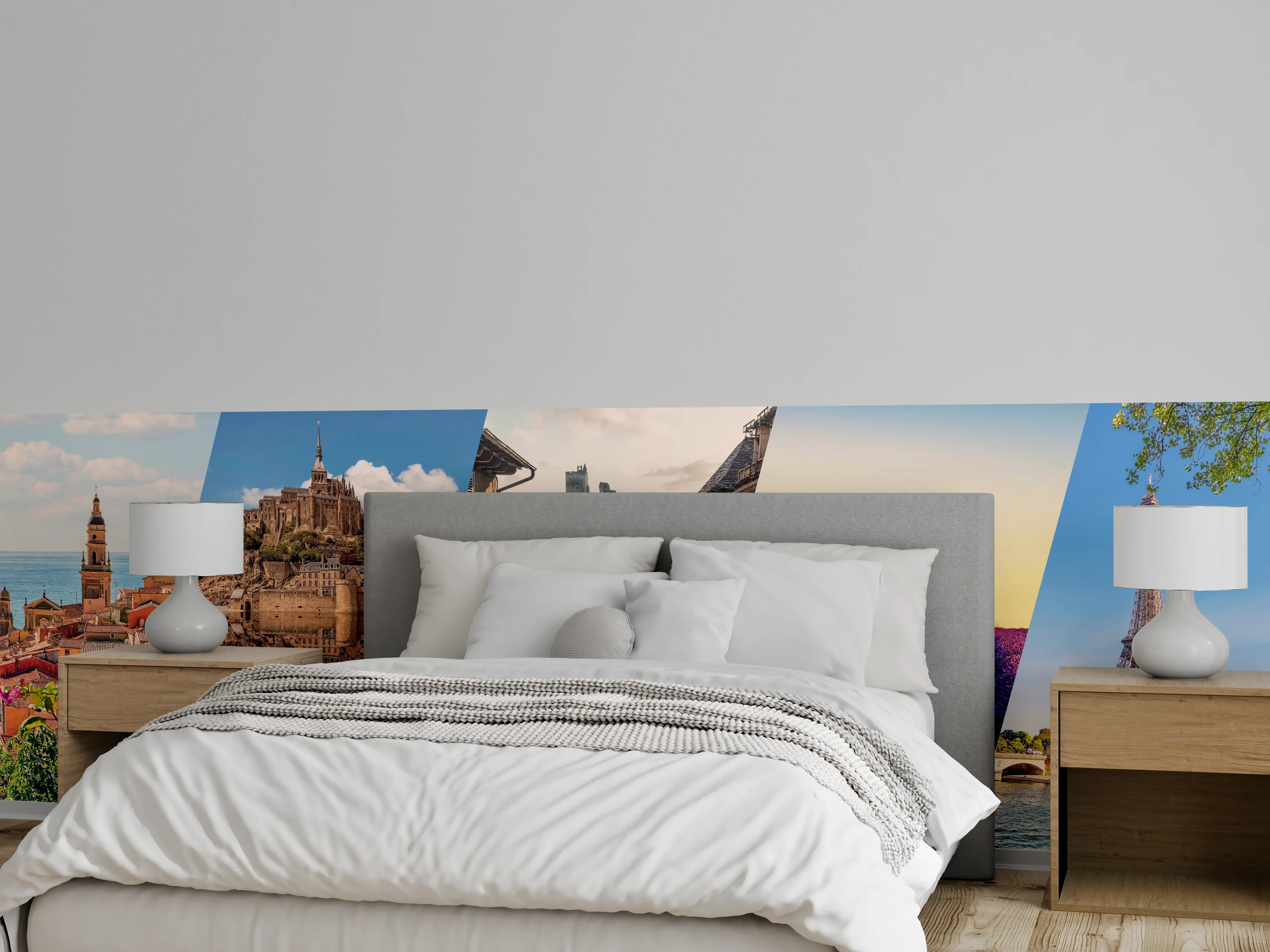 Wandverkleidung Schlafzimmer - Collage von Sehenswürdigkeiten