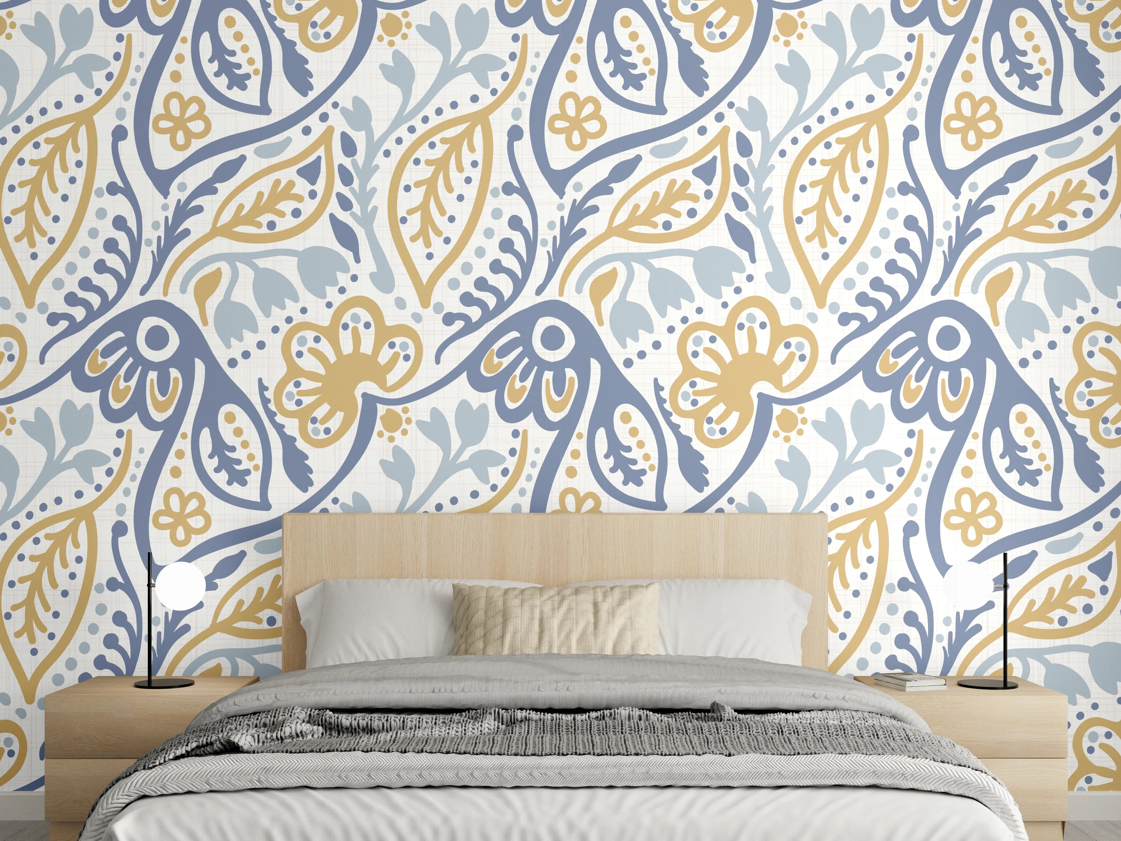 Wandverkleidung Schlafzimmer - Damastmuster Nahtlos Blau Gelb
