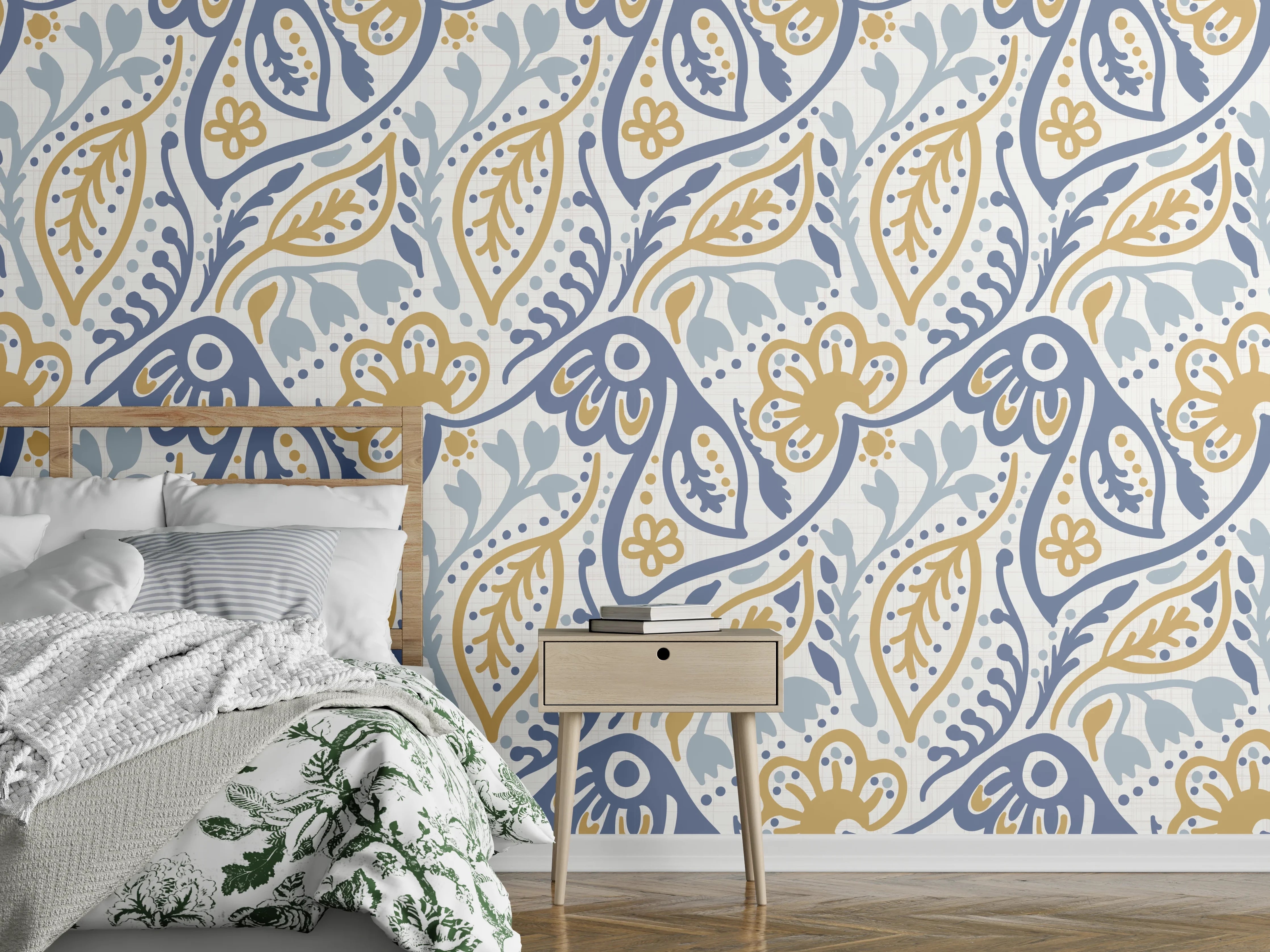 Wandverkleidung Schlafzimmer - Damastmuster Nahtlos Blau Gelb