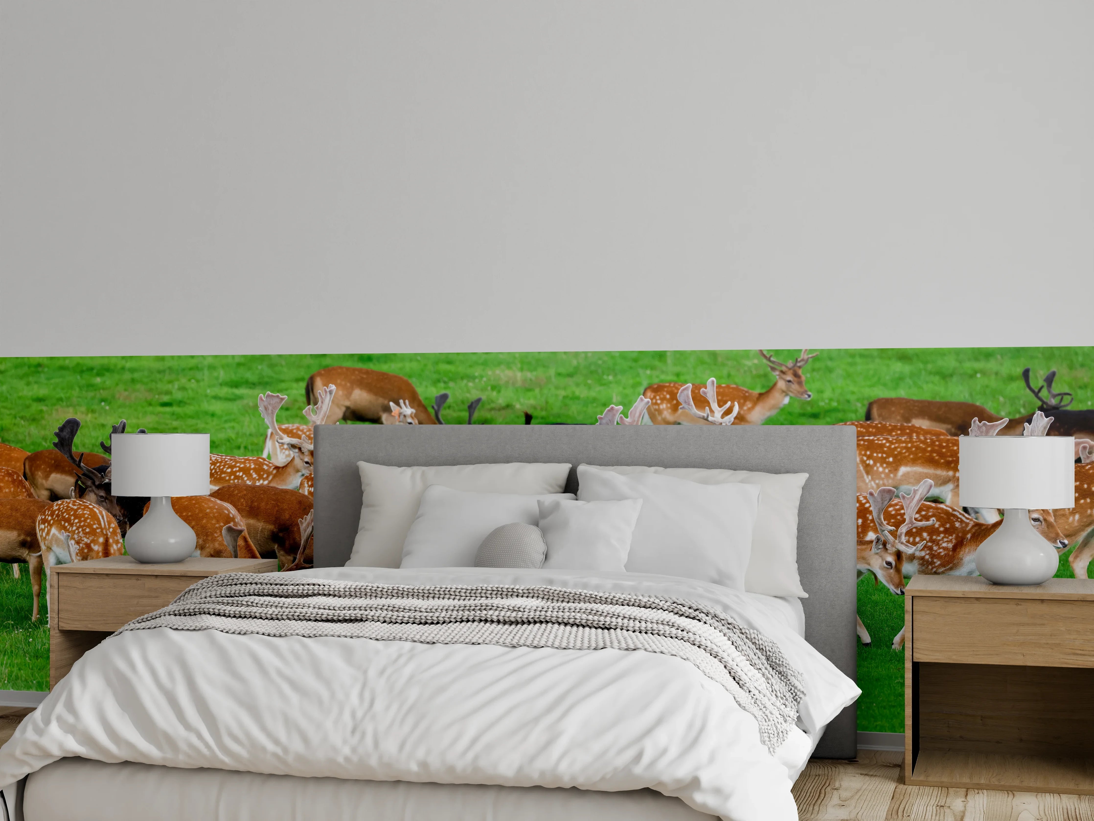 Wandverkleidung Schlafzimmer - Damwild-Herde auf grüner Wiese