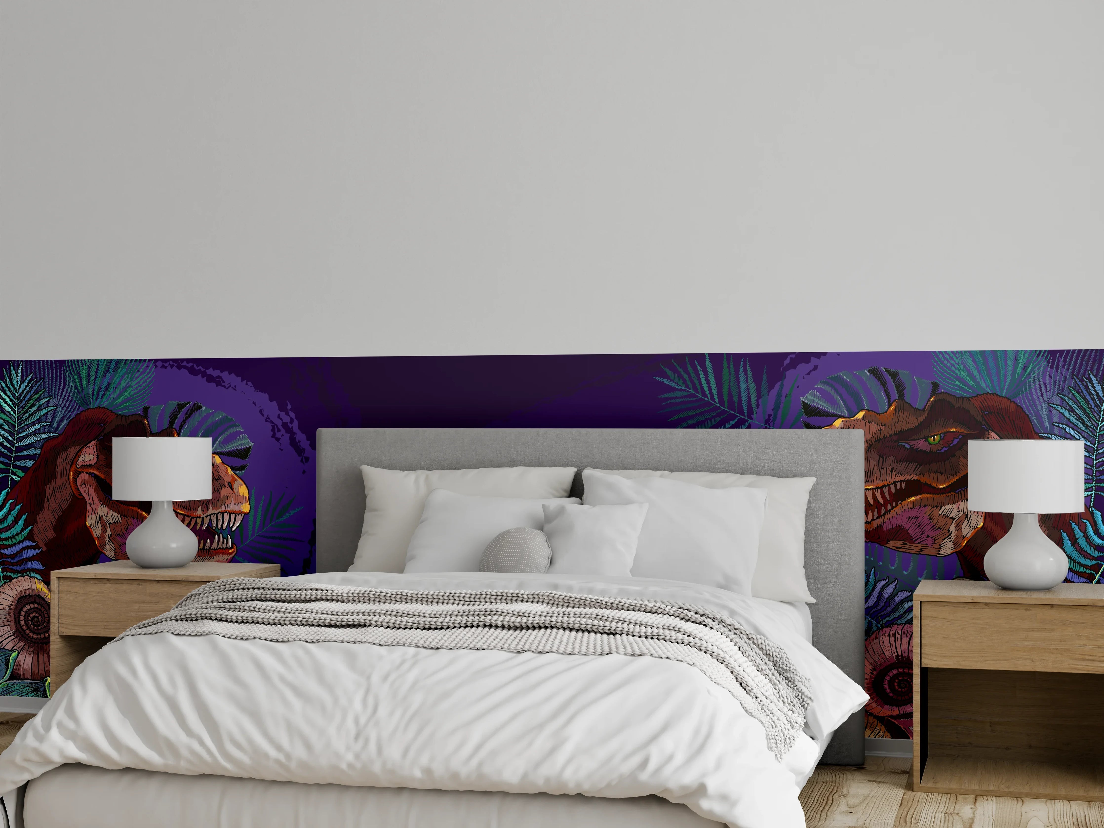 Wandverkleidung Schlafzimmer - Dinosaurier Fossil & Palmen