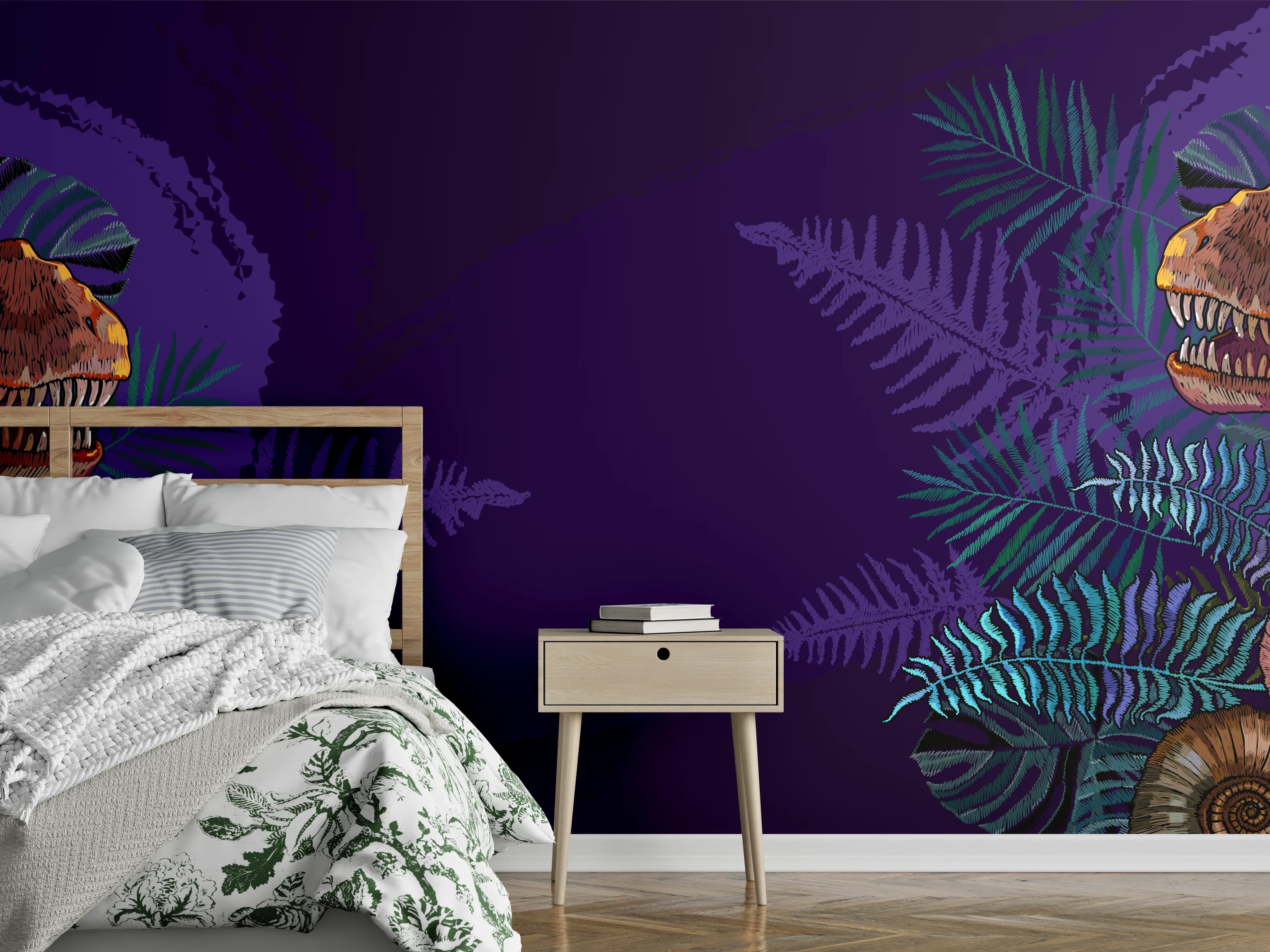 Wandverkleidung Schlafzimmer - Dinosaurier & Fossilien Dunkellila Muster